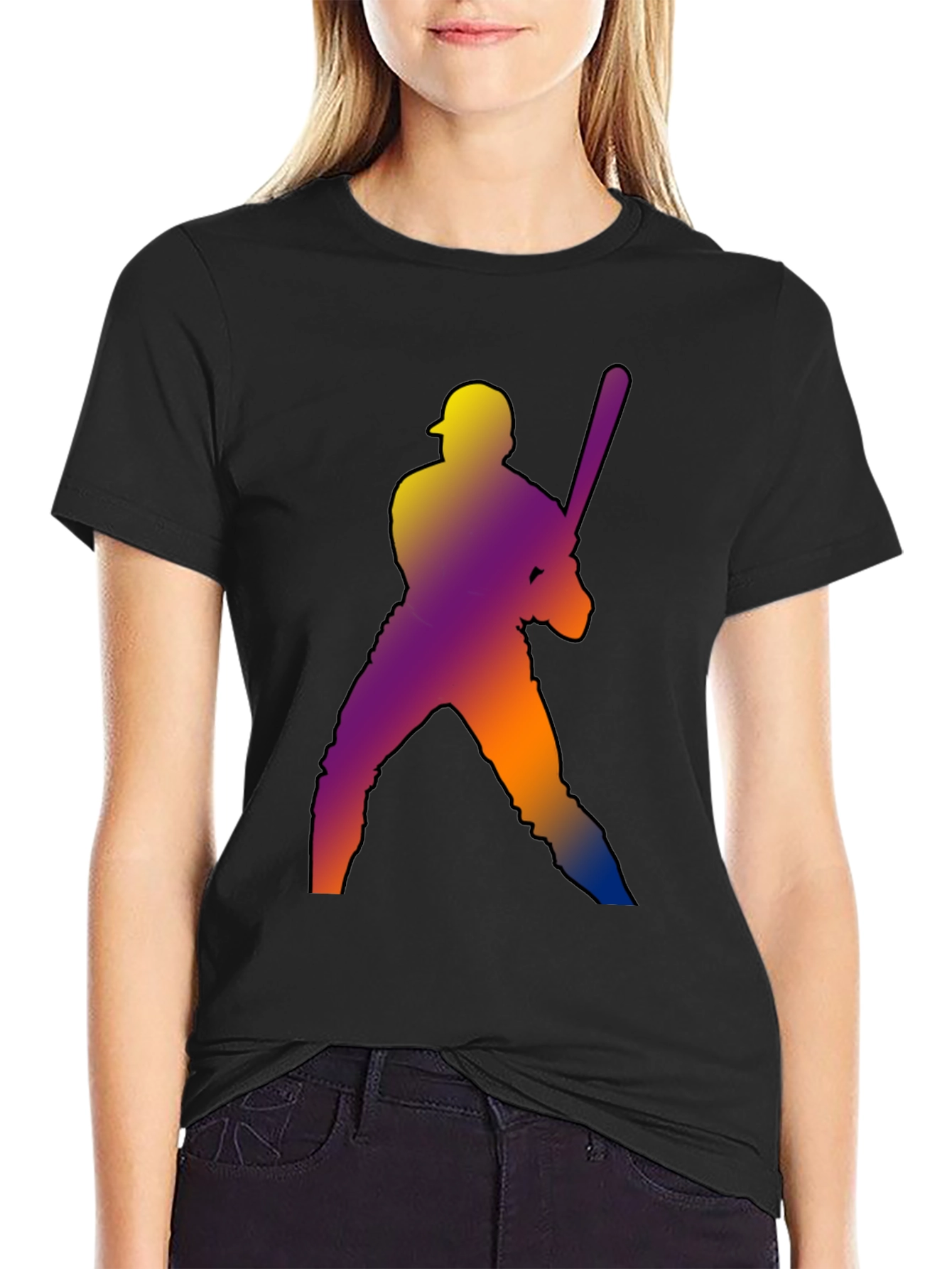 Baseball Player Graphic Tee - Black Cotton Shirt