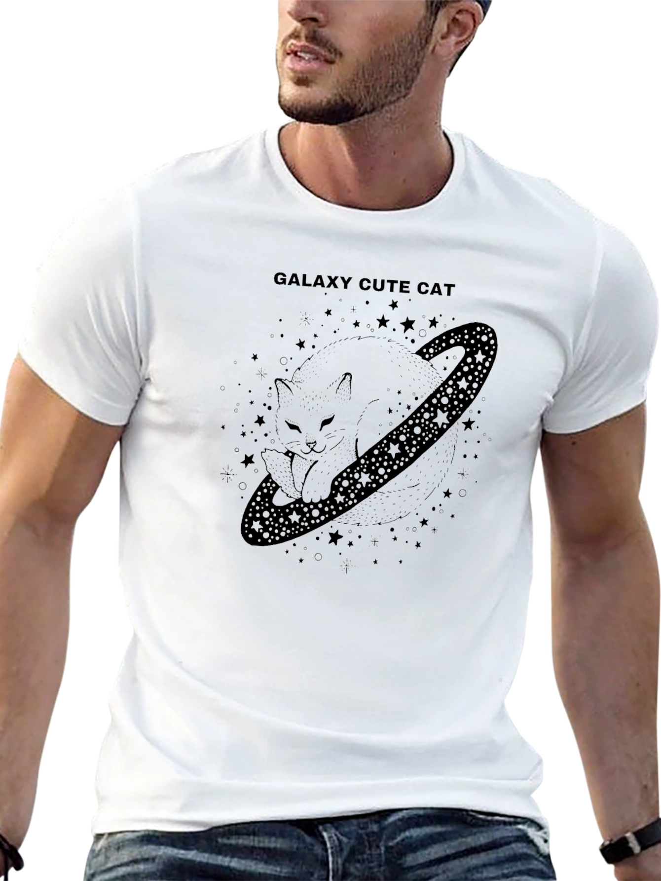 Galaxy Cute Cat Black T-Shirt