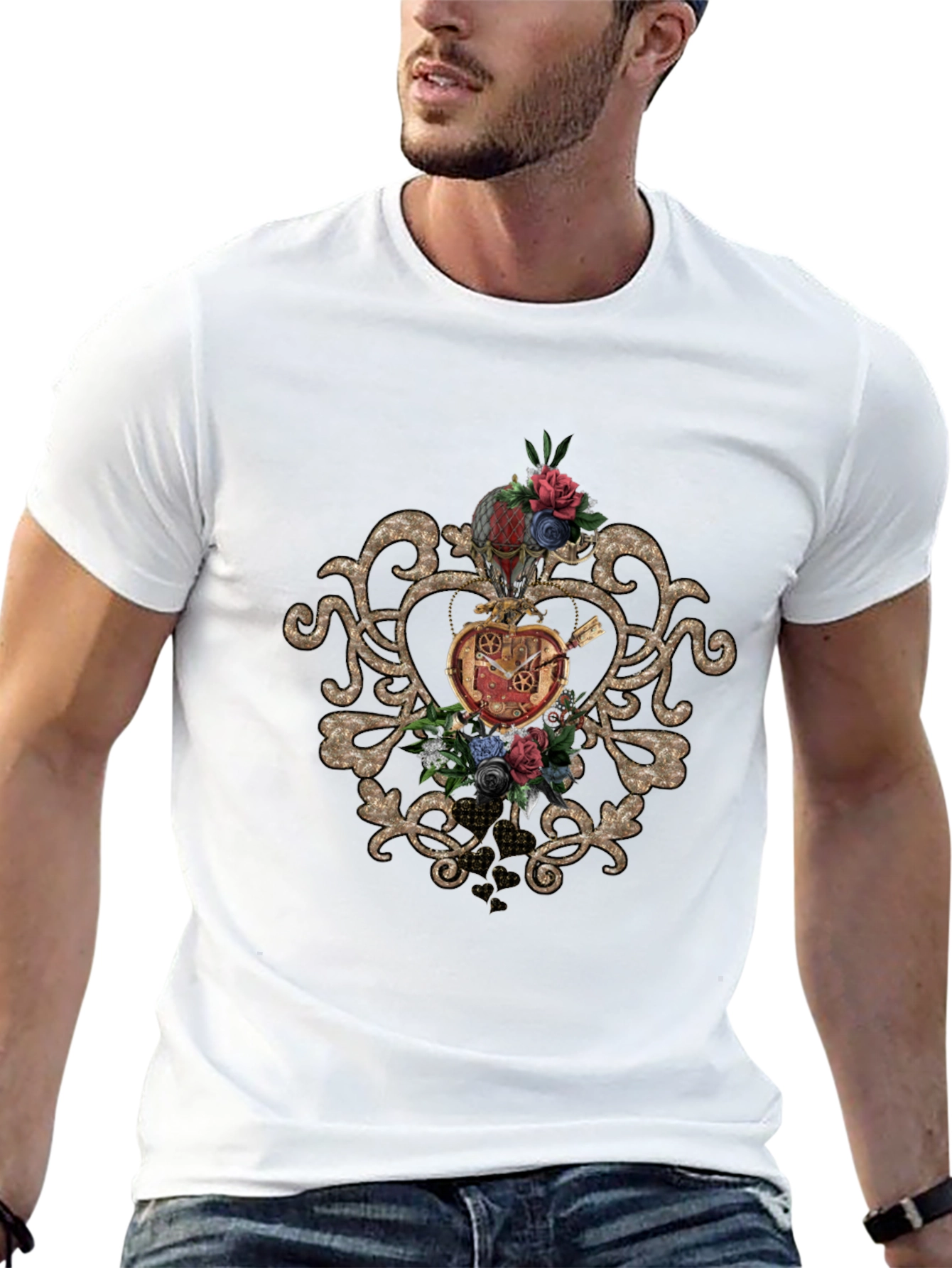 Steampunk Heart & Floral Graphic Black Tee