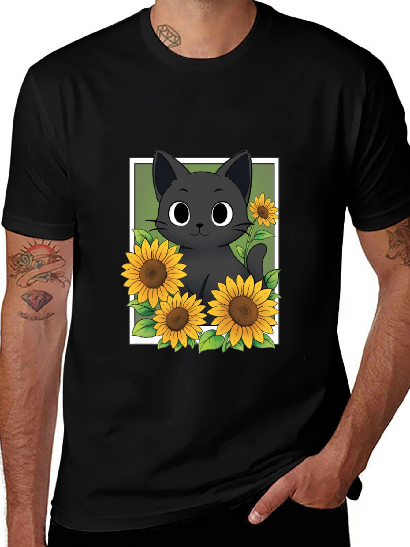 Black Cat Sunflower Graphic T-Shirt