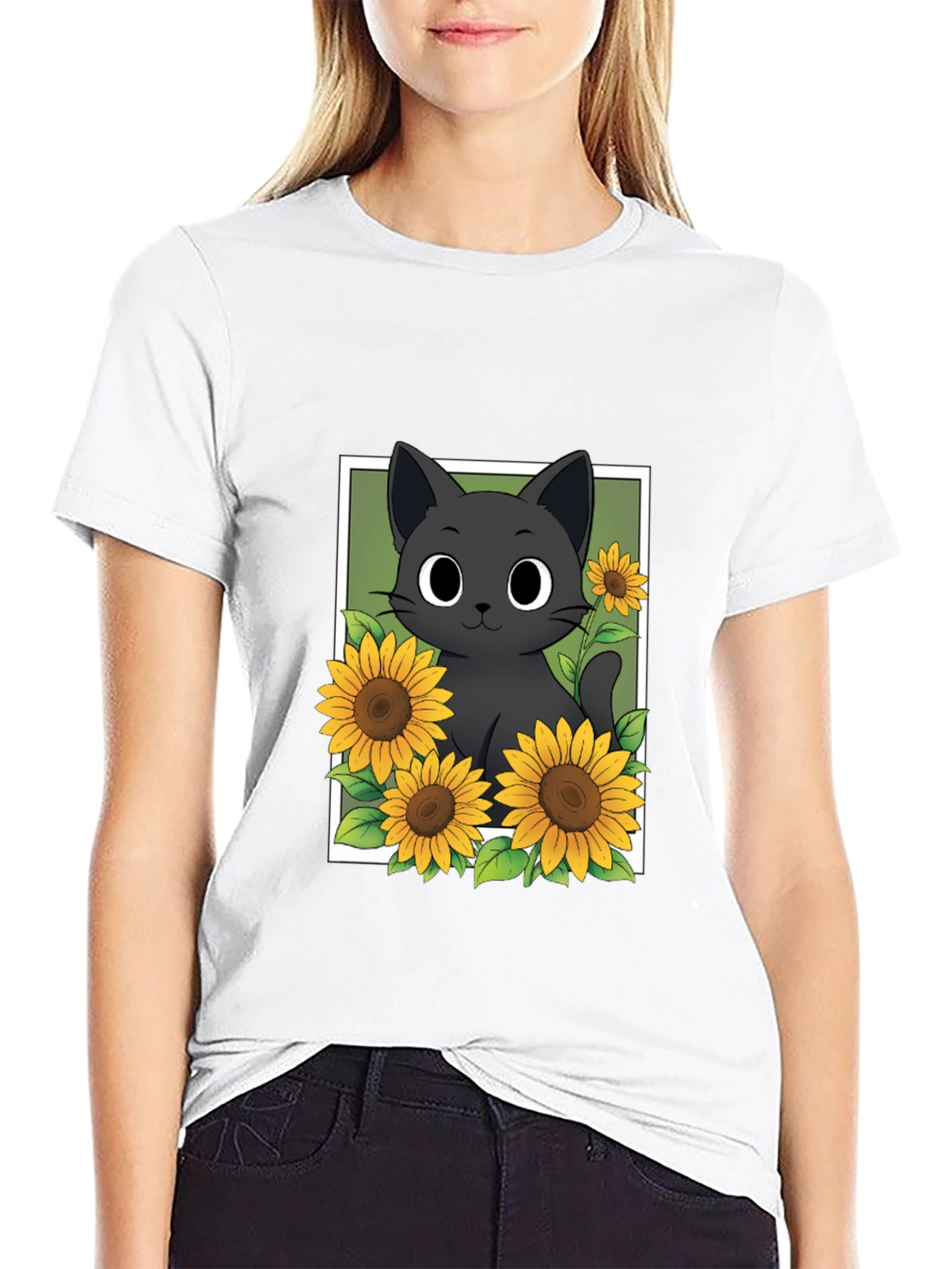 Black Cat Sunflower Graphic T-Shirt