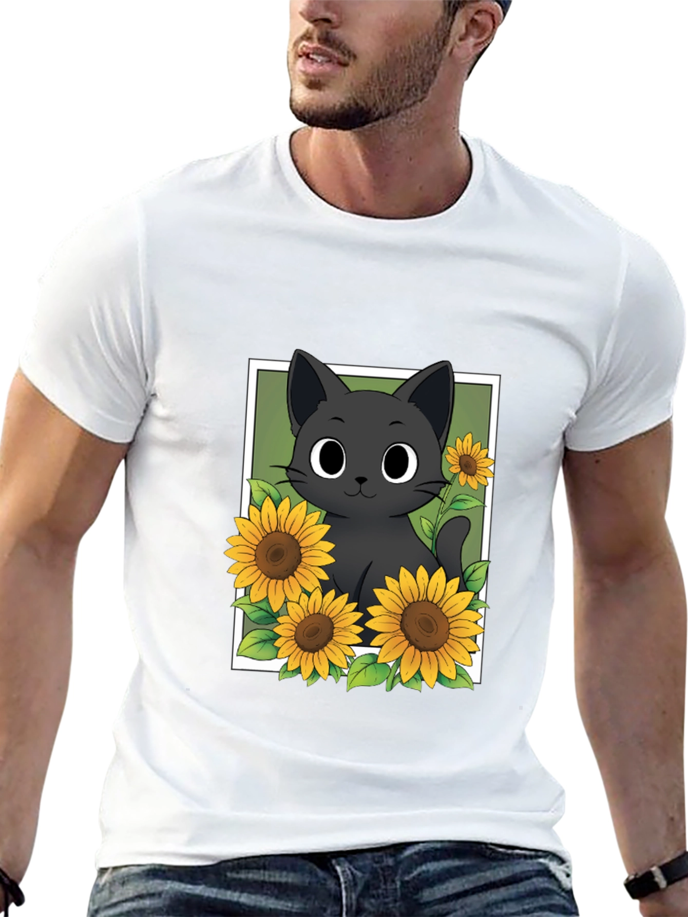 Black Cat Sunflower Graphic T-Shirt