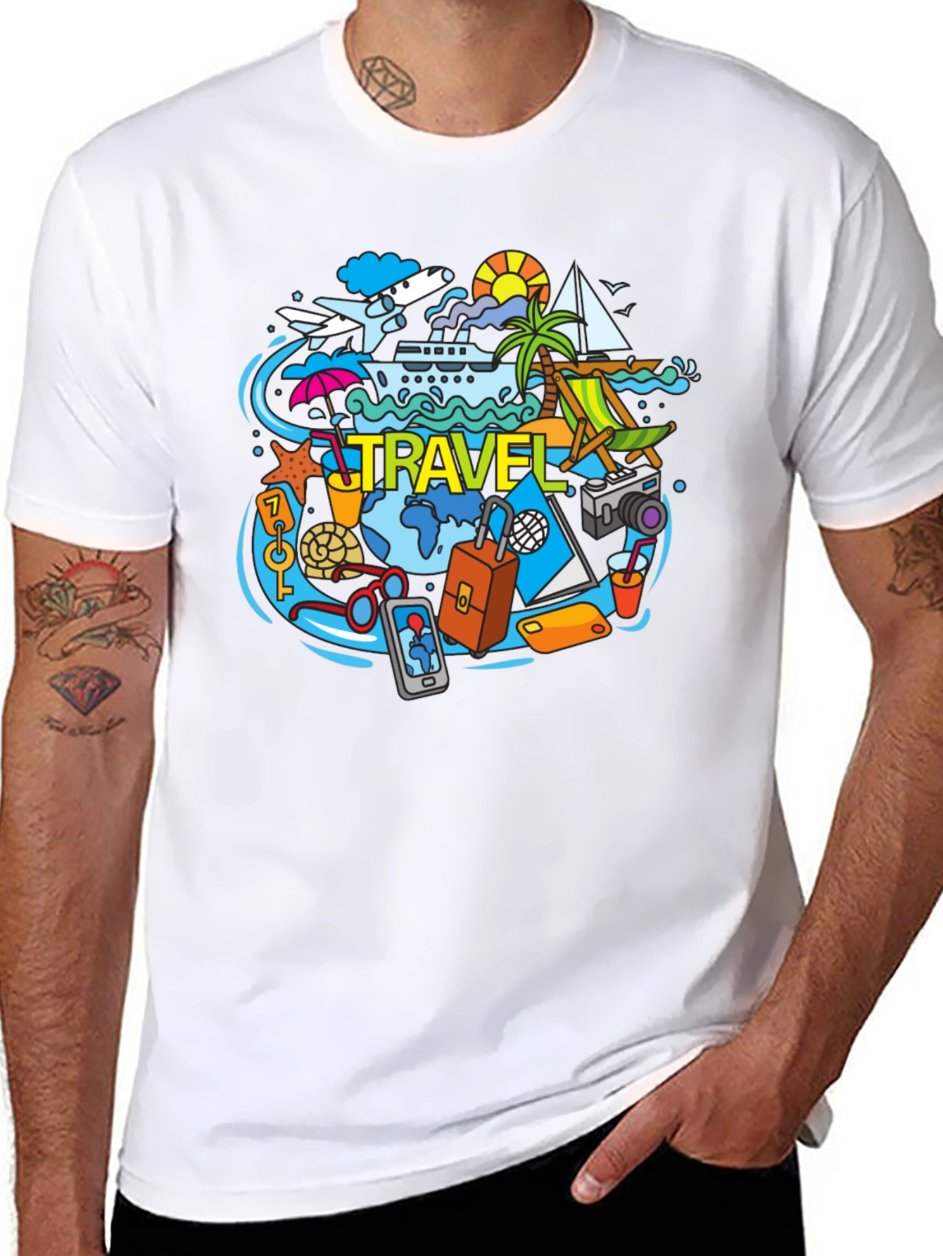 Travel Theme Graphic Tee - Black Cotton