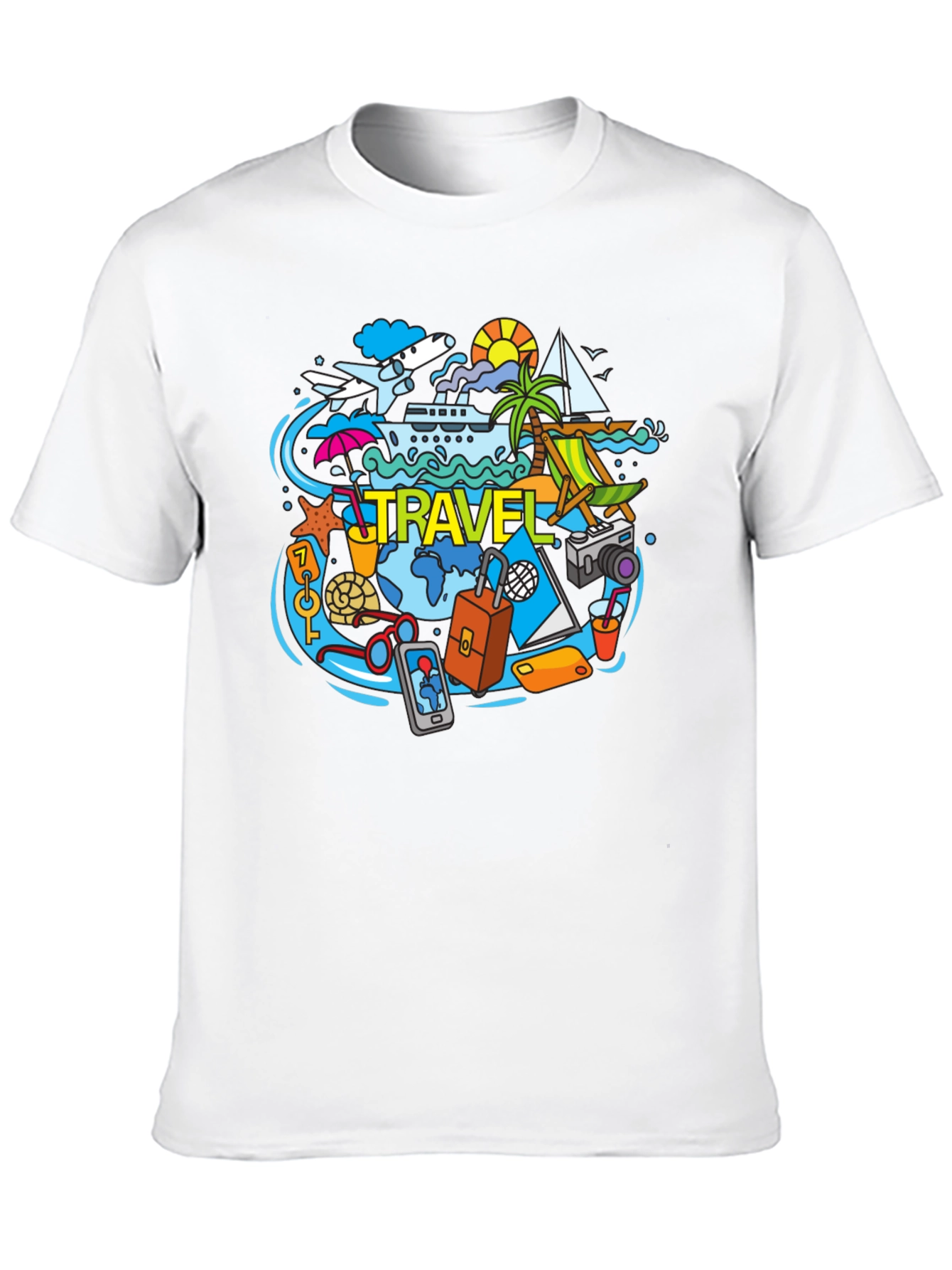 Travel Theme Graphic Tee - Black Cotton