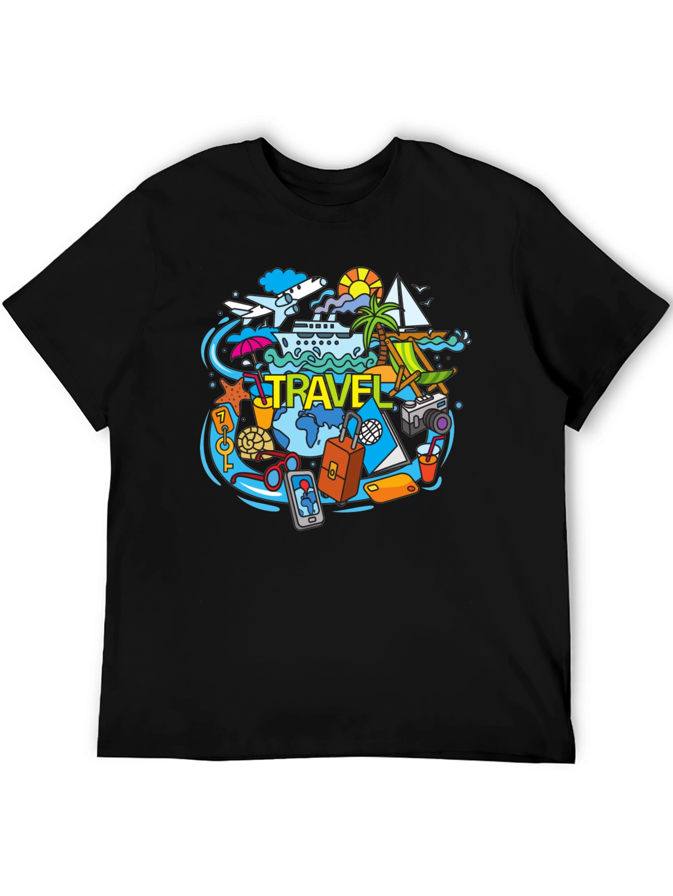 Travel Theme Graphic Tee - Black Cotton