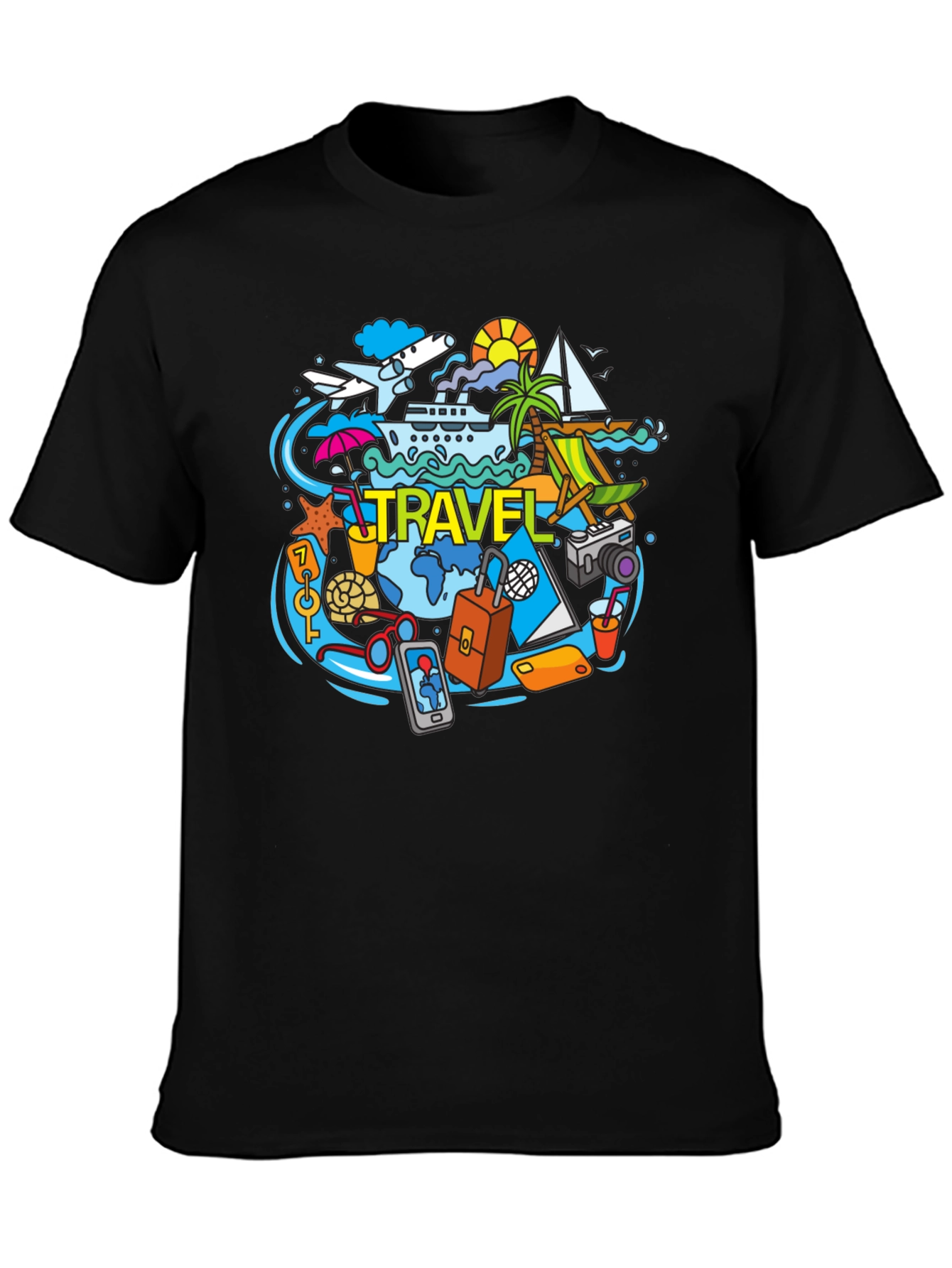 Travel Theme Graphic Tee - Black Cotton