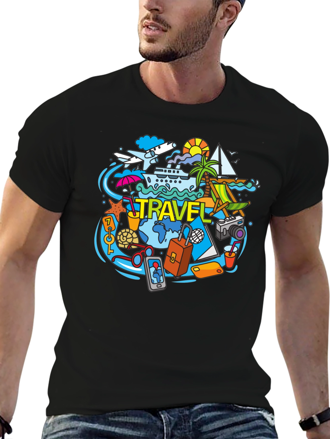 Travel Theme Graphic Tee - Black Cotton