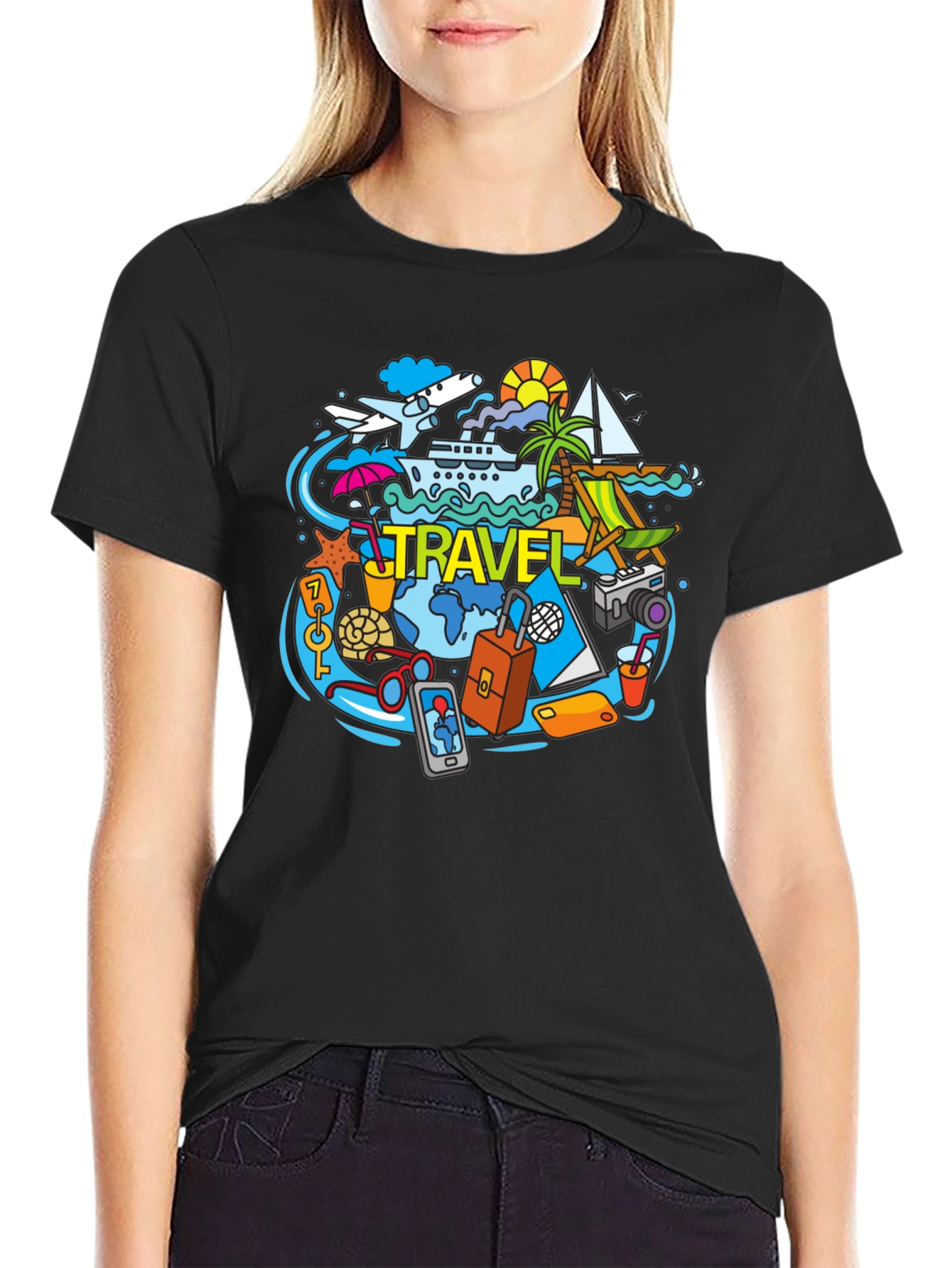 Travel Theme Graphic Tee - Black Cotton