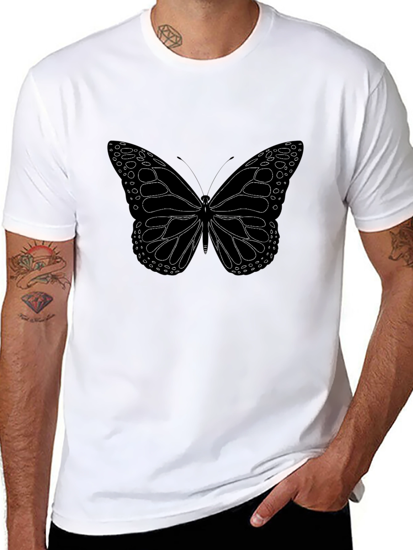 Butterfly Graphic Tee - Black Cotton Blend Casual Shirt