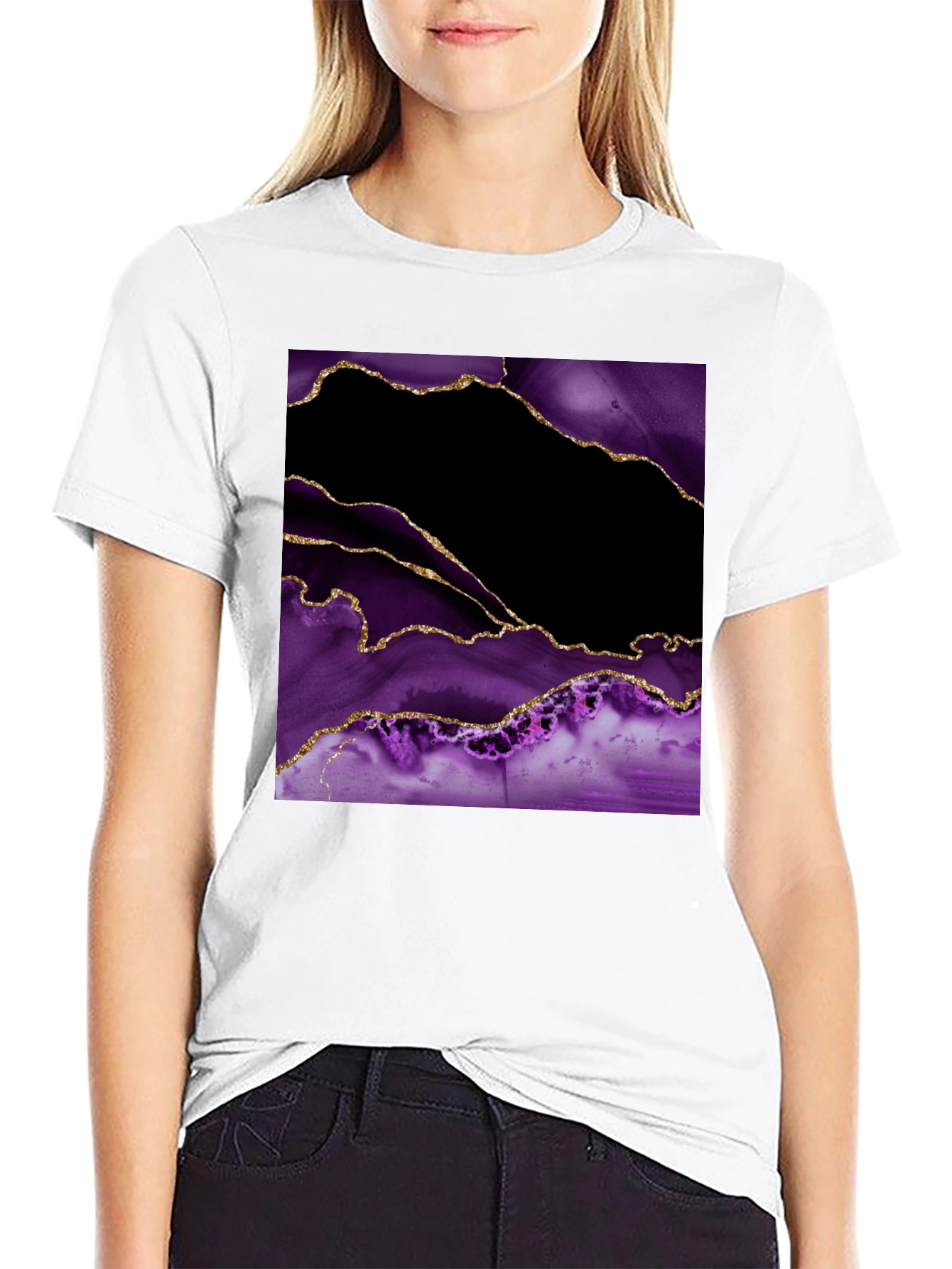 Abstract Purple & Gold Agate Print Black T-Shirt