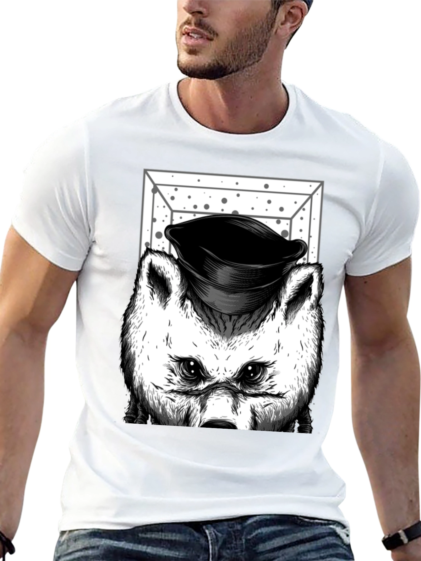 Wolf in Hat Graphic T-Shirt - Black