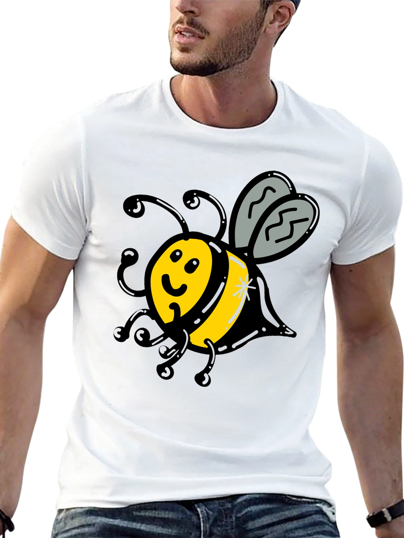 Cute Bee Graphic T-Shirt - Black Crew Neck