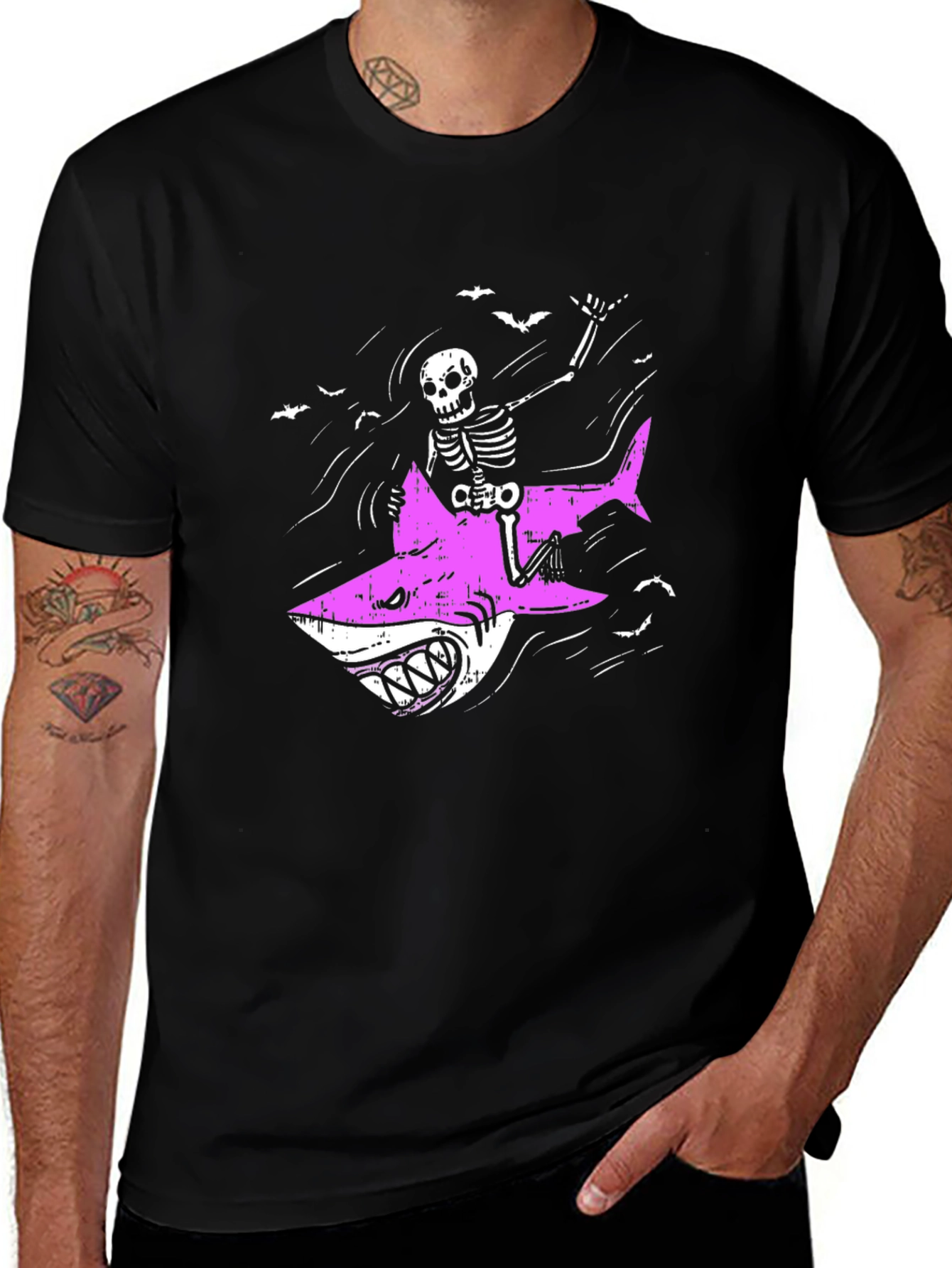 Skeleton Riding Shark Graphic Tee - Black Cotton T-Shirt