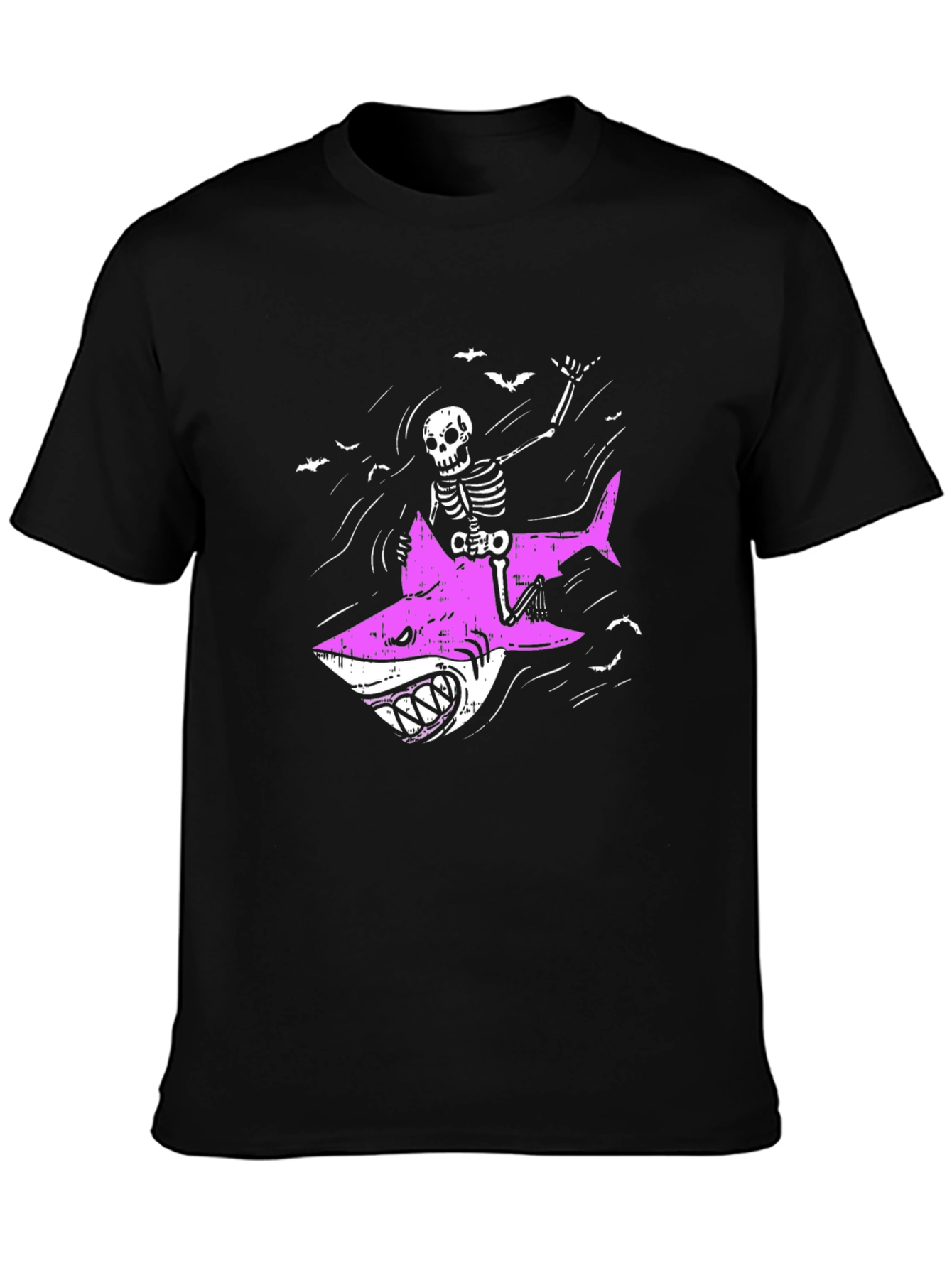 Skeleton Riding Shark Graphic Tee - Black Cotton T-Shirt
