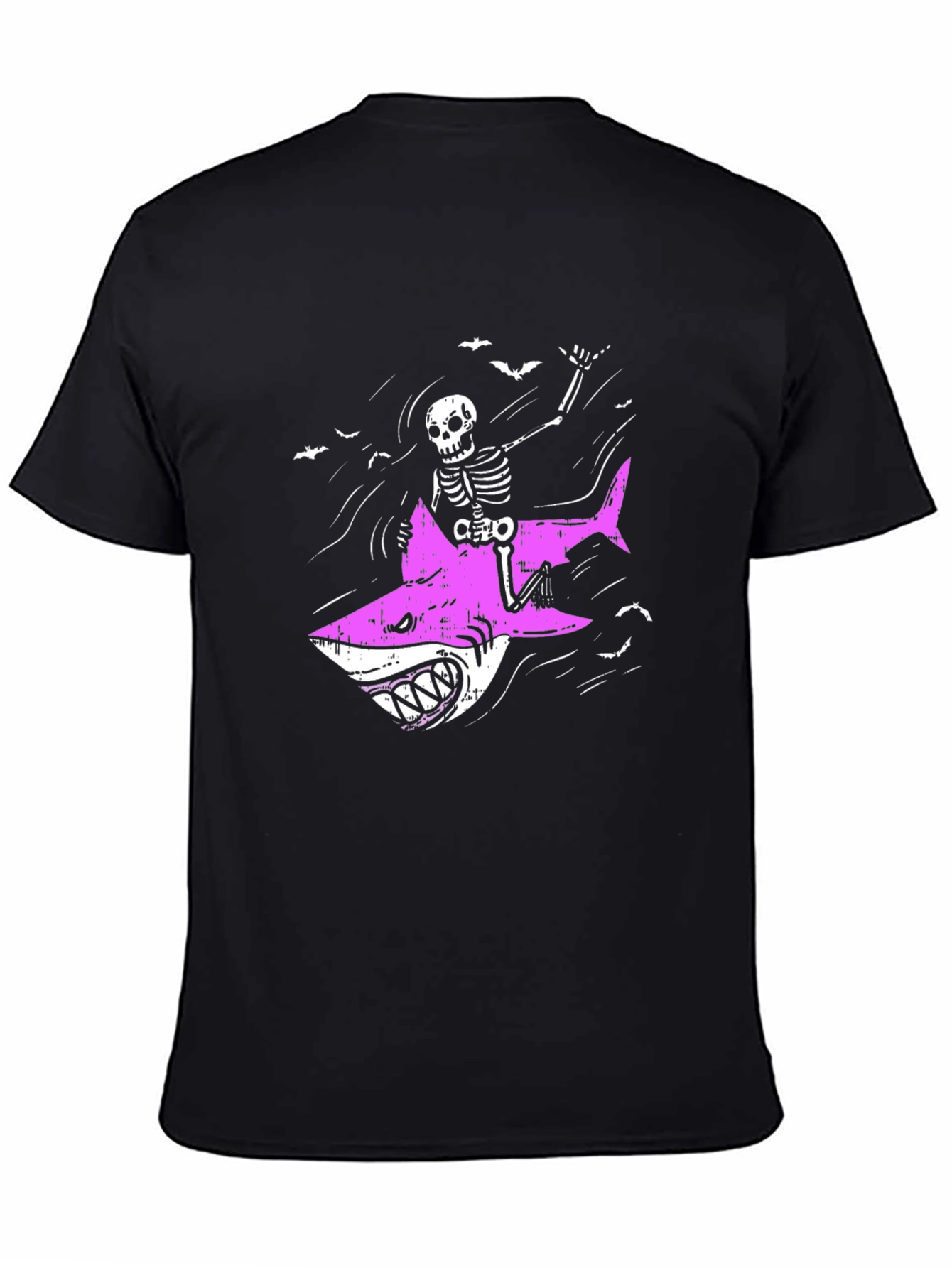 Skeleton Riding Shark Graphic Tee - Black Cotton T-Shirt