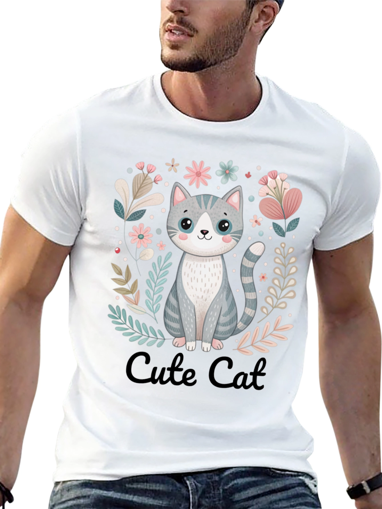 Cute Cat Graphic Tee - Black