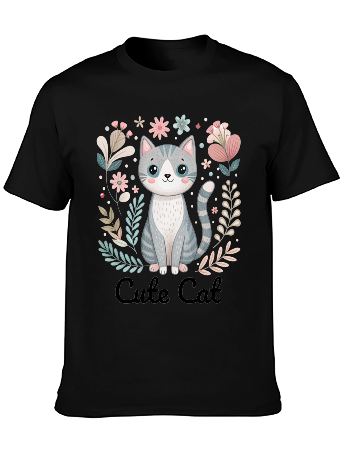 Cute Cat Graphic Tee - Black