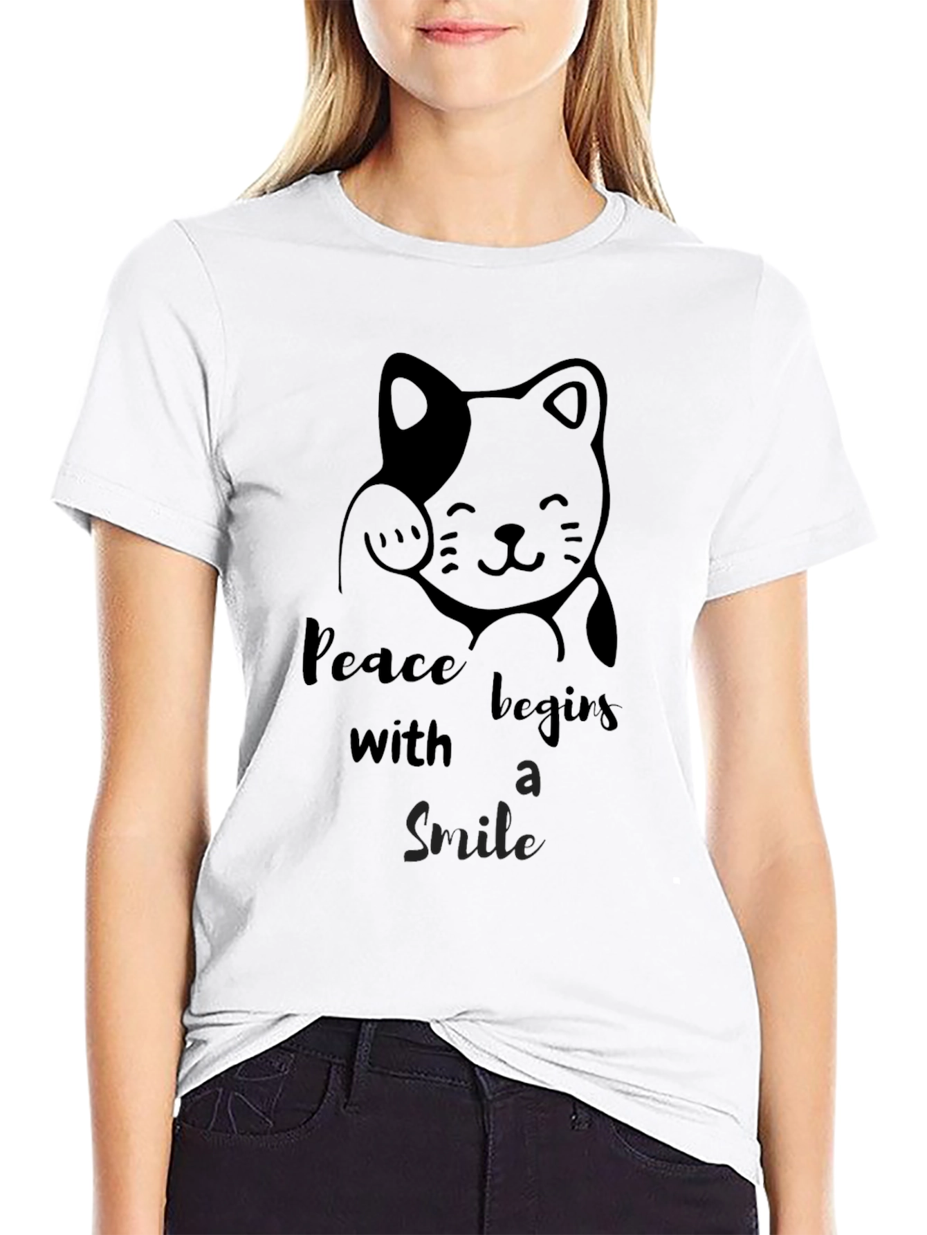 Peaceful Cat Graphic Tee - Black Cotton T-Shirt