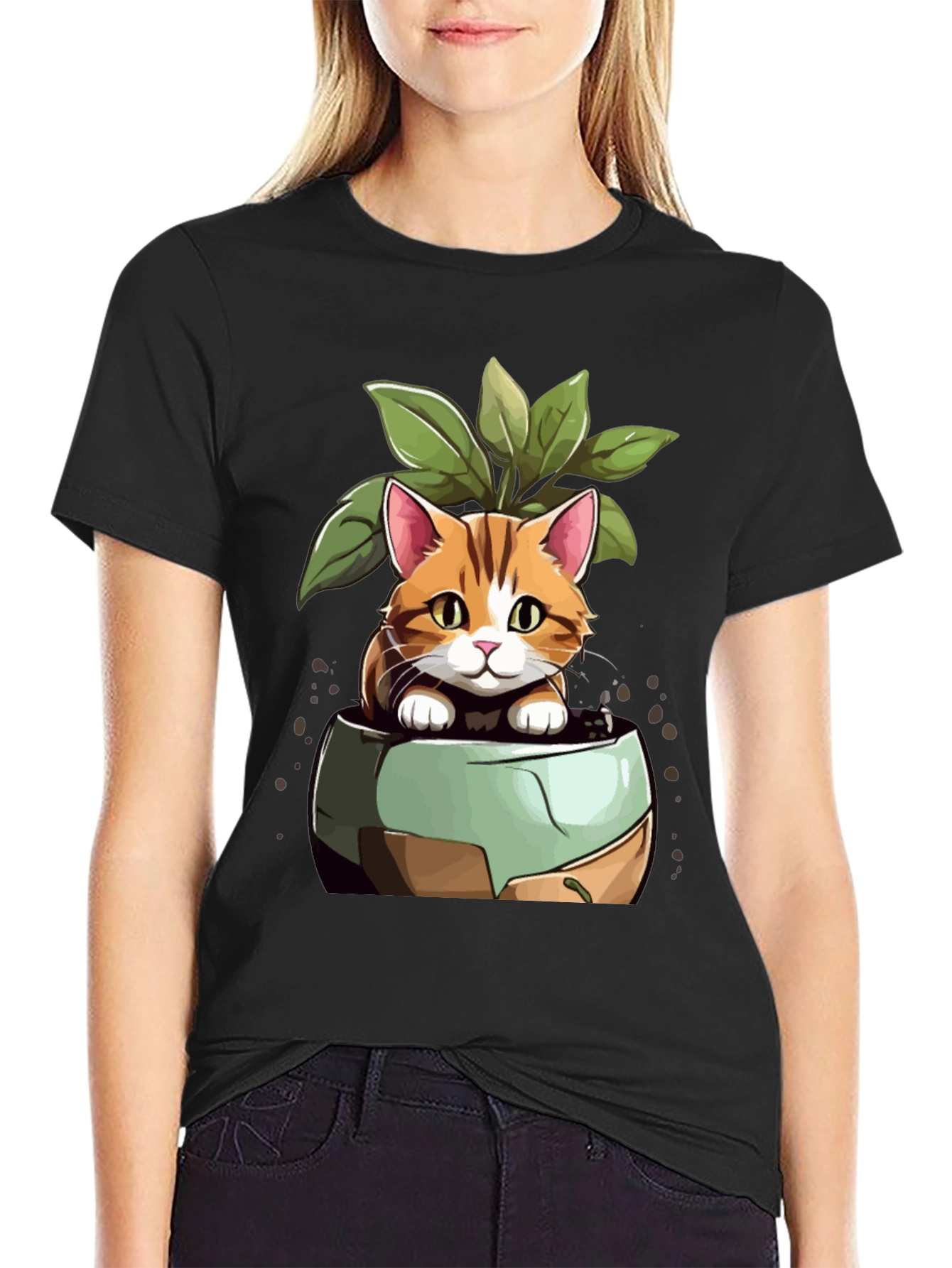 Cat in Pot Plant T-Shirt - Unique Design