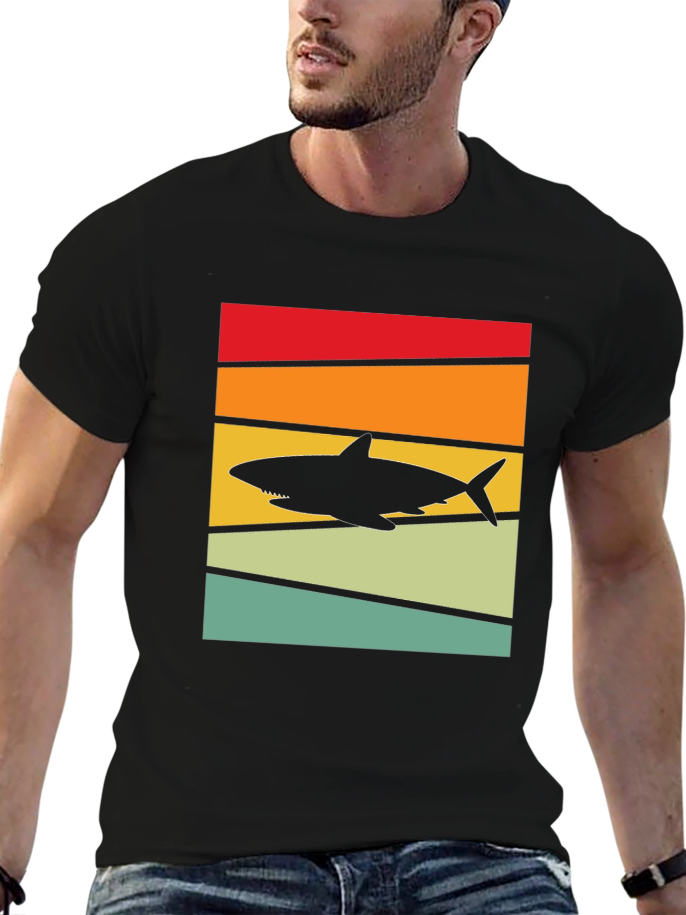 Retro Shark Sunset T-Shirt - Black Cotton Tee
