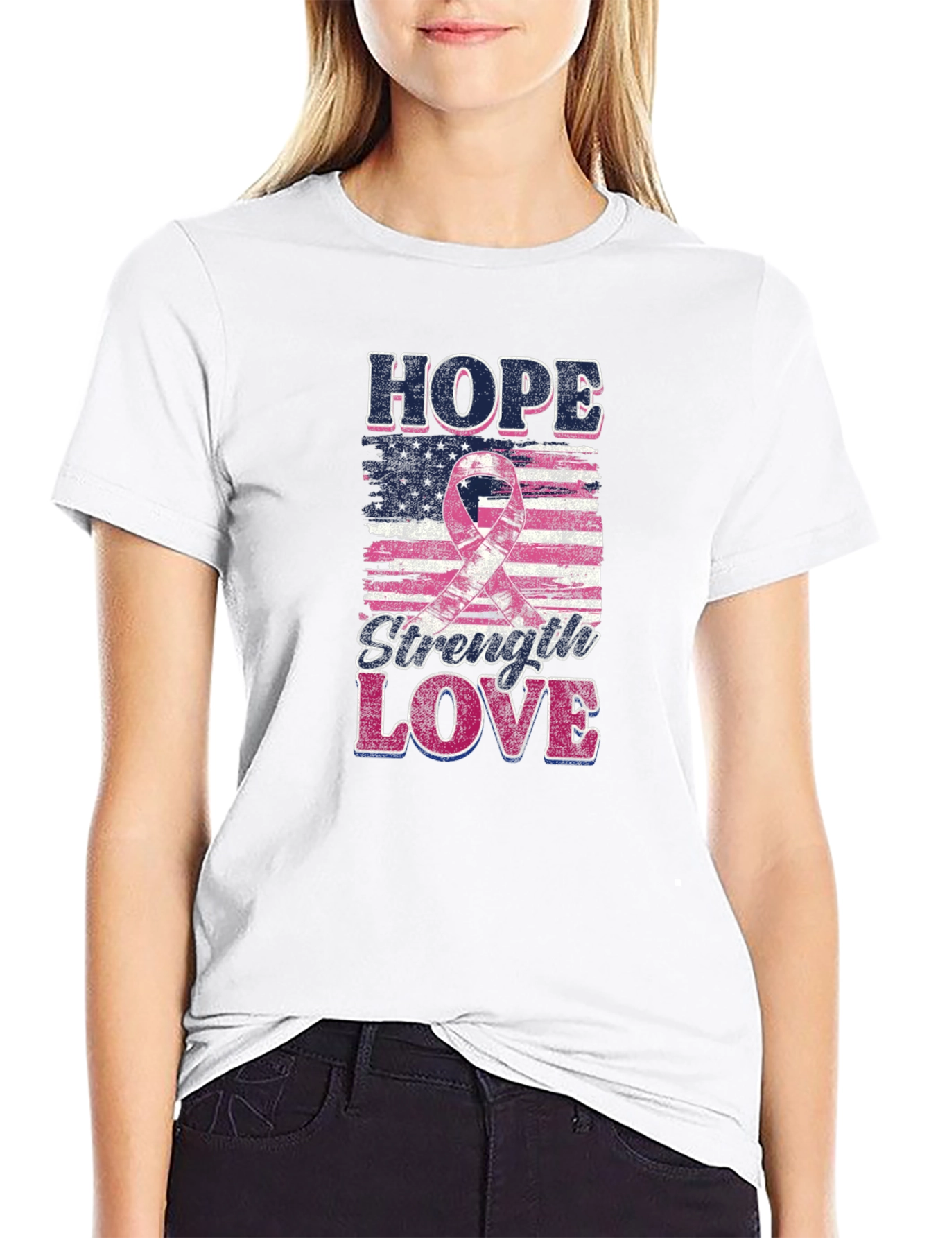 Hope Strength Love Breast Cancer Awareness T-Shirt