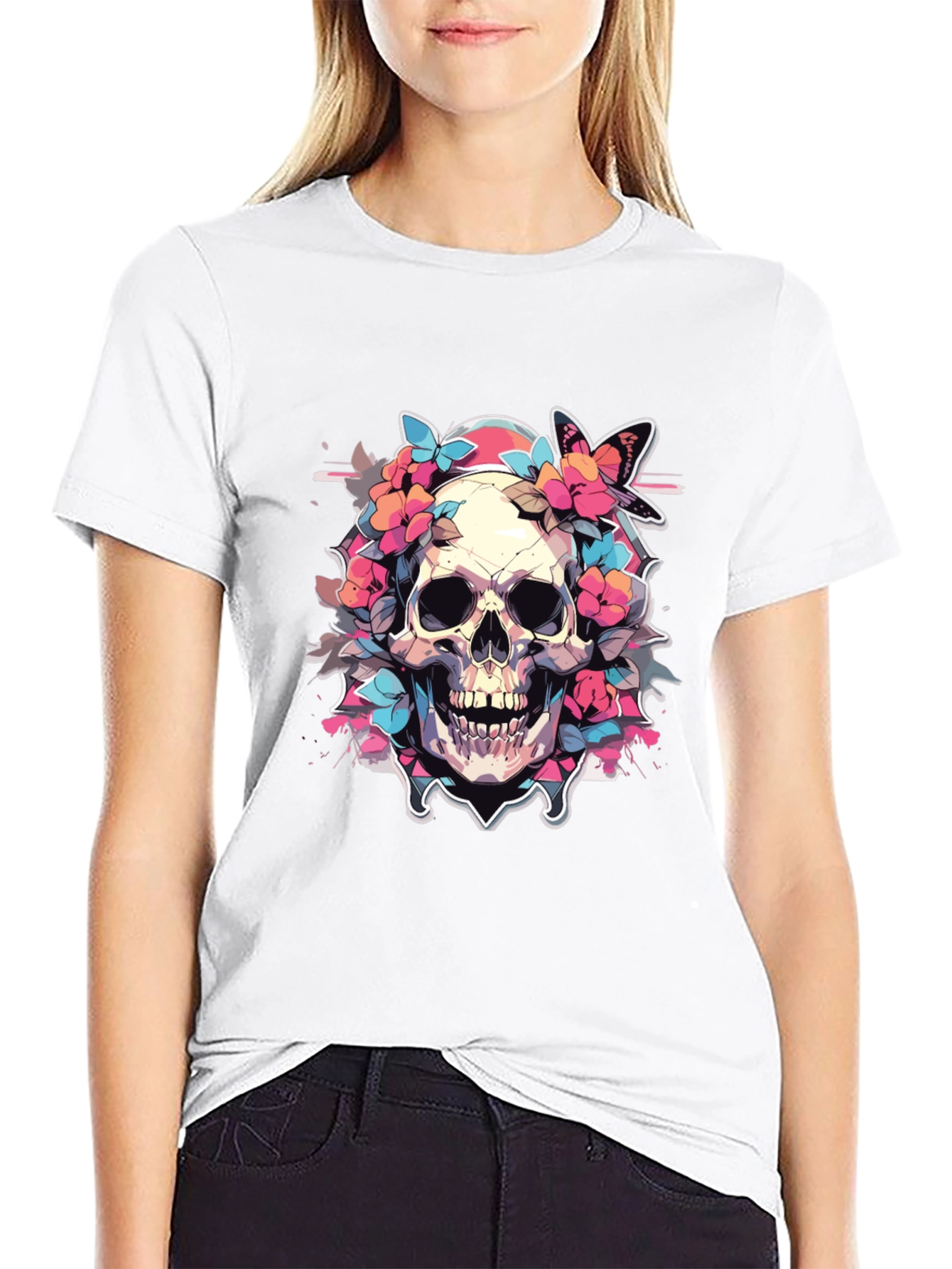 Floral Skull Graphic Tee - Gothic Style