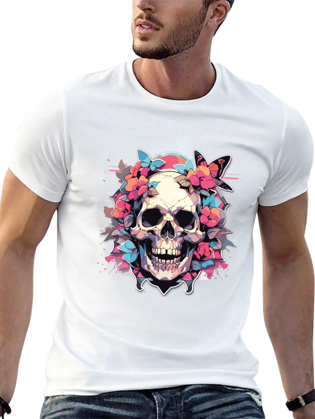 Floral Skull Graphic Tee - Gothic Style