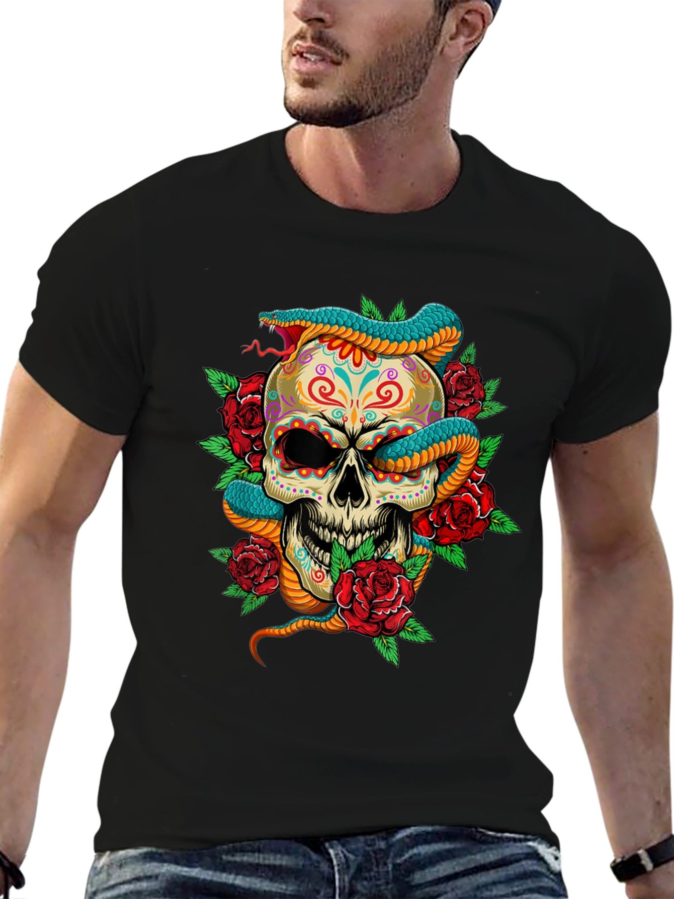 Skull Snake Roses Graphic Tee