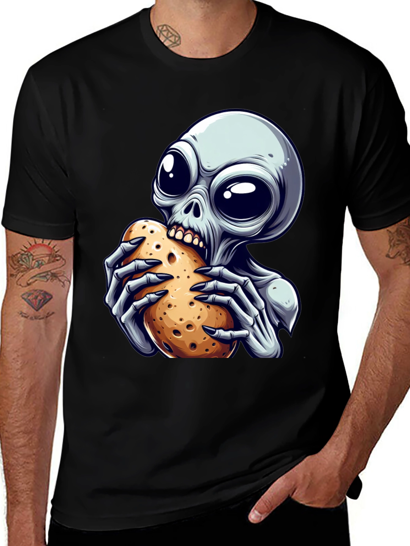 Alien Eating Potato Graphic T-Shirt - Unique Design!