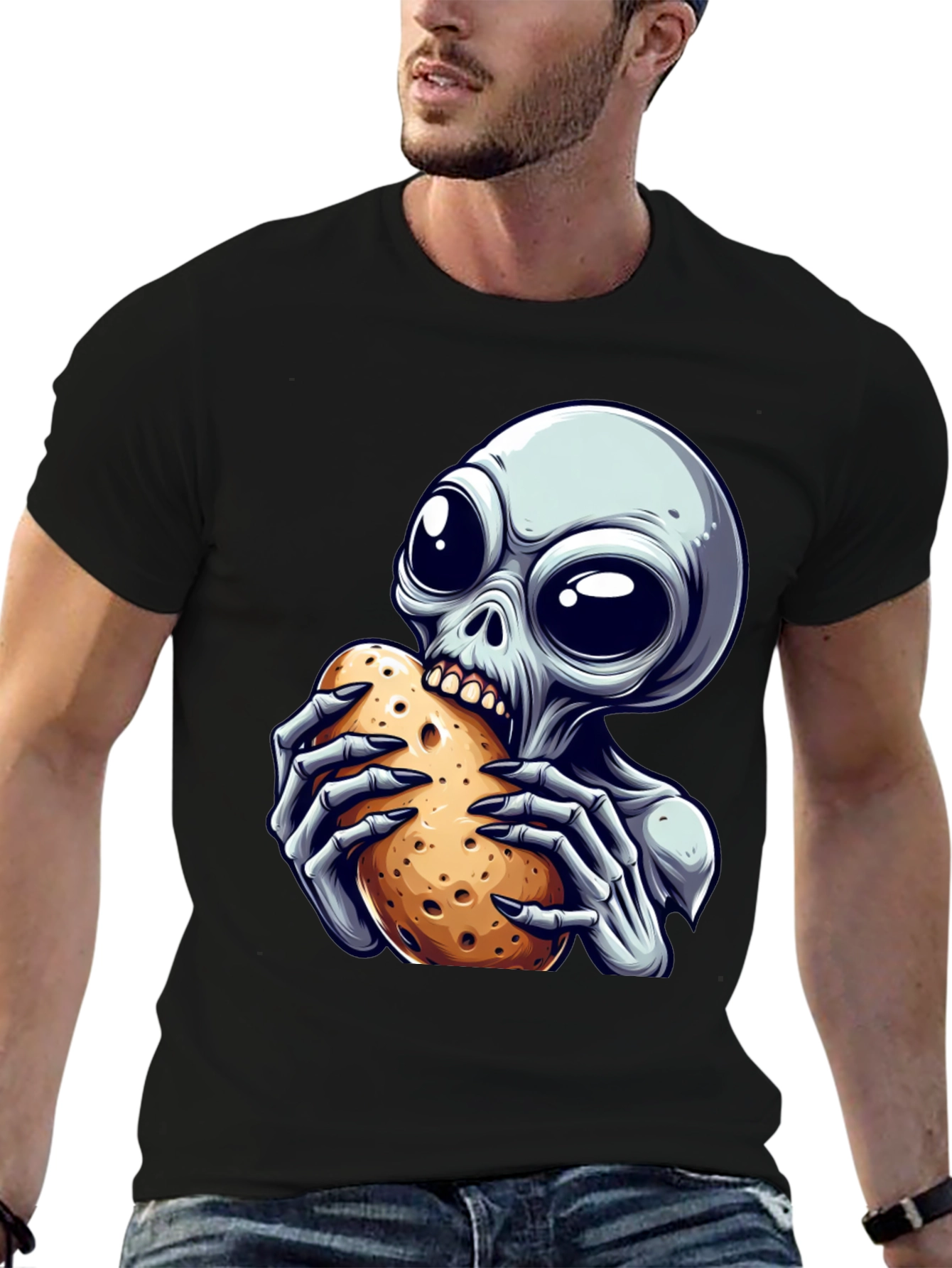 Alien Eating Potato Graphic T-Shirt - Unique Design!