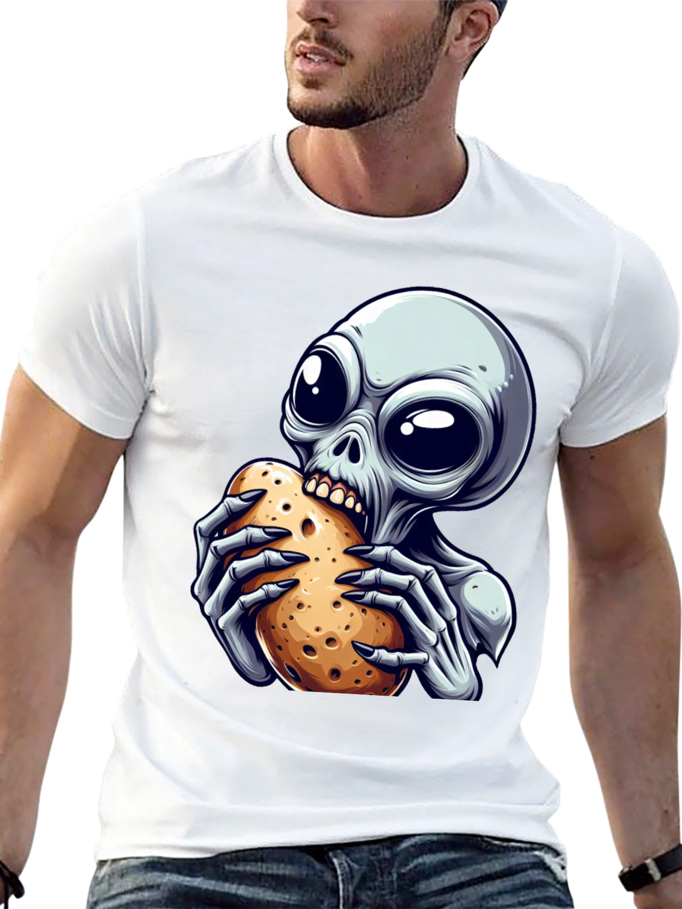 Alien Eating Potato Graphic T-Shirt - Unique Design!