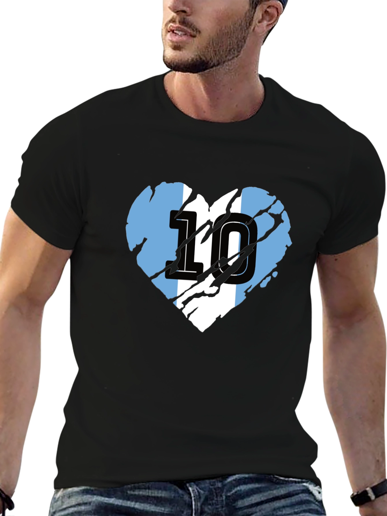 Argentina Flag Heart Number 10 Black T-Shirt
