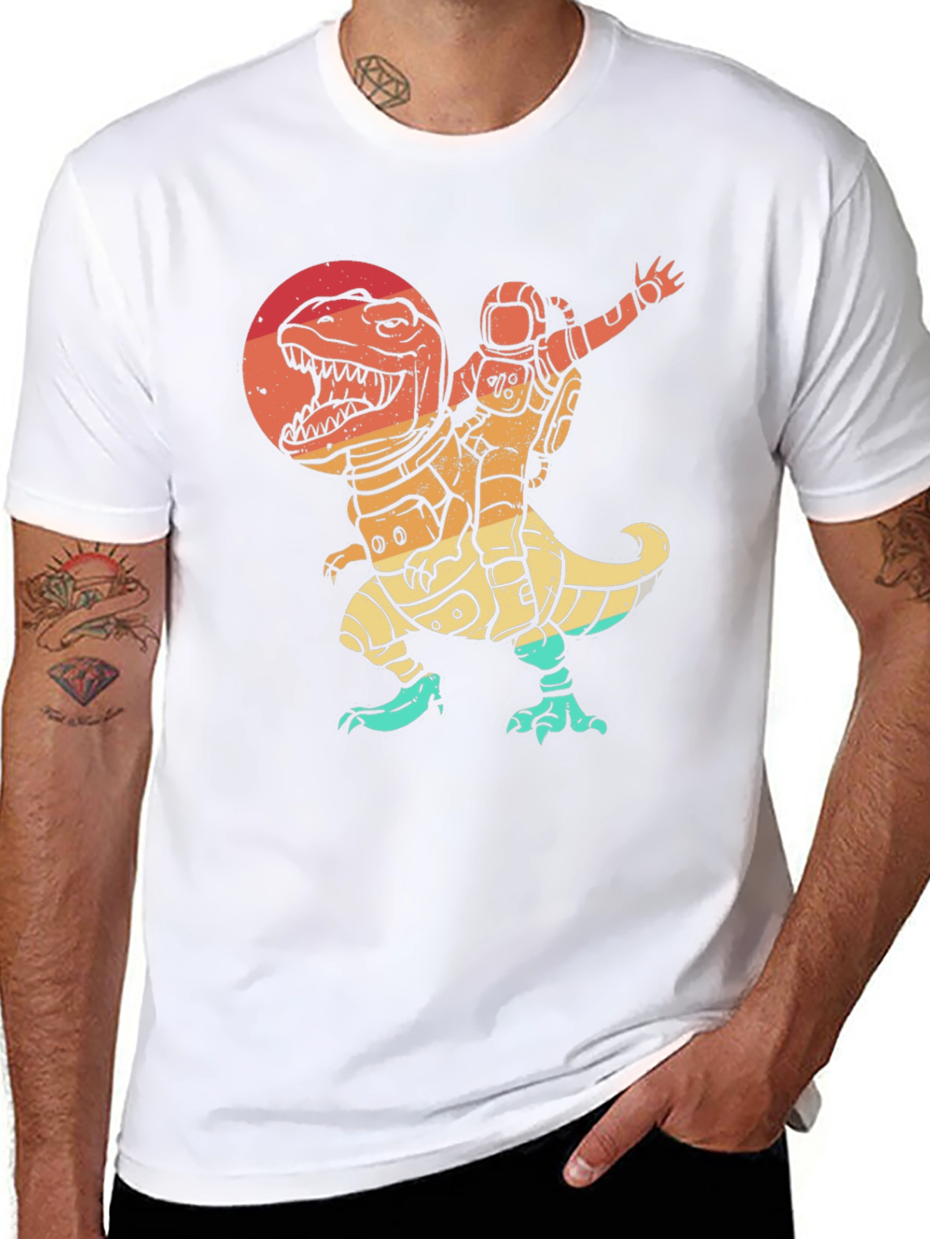 Astronaut Riding Dinosaur T-Shirt - Retro Space Design