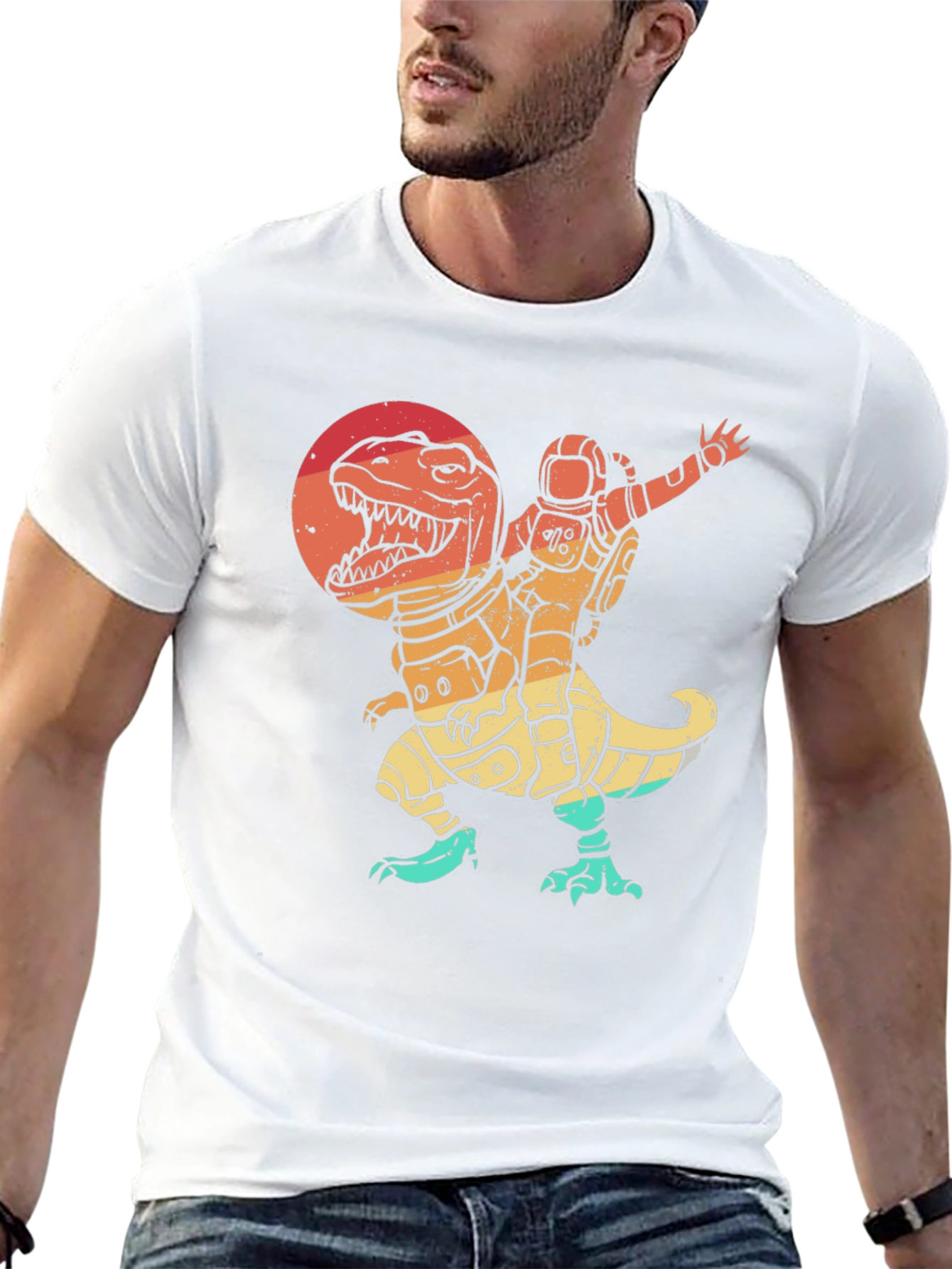 Astronaut Riding Dinosaur T-Shirt - Retro Space Design