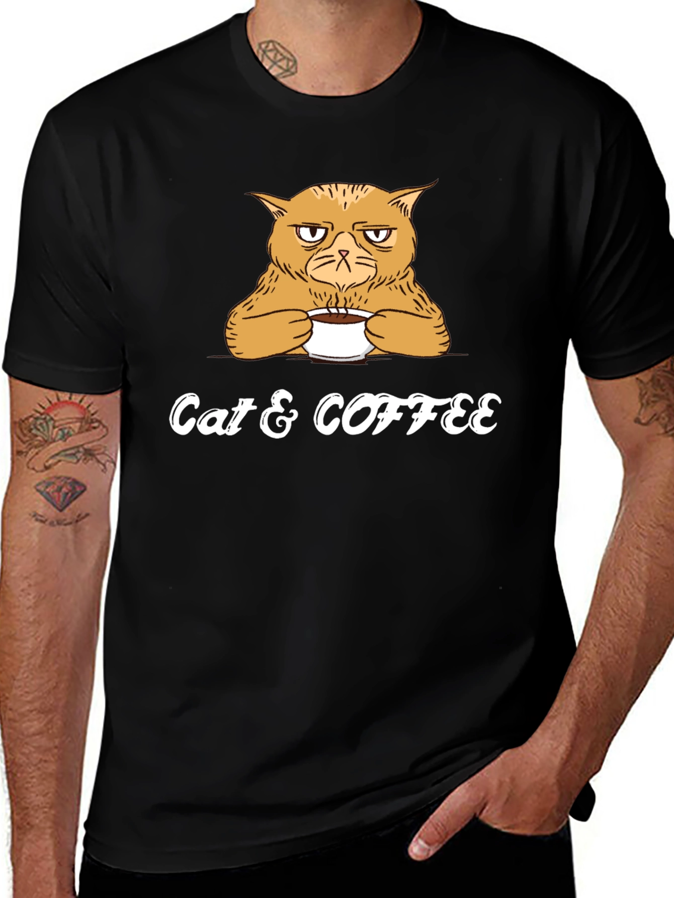 Cat & Coffee Graphic Tee - Mens Black T-Shirt