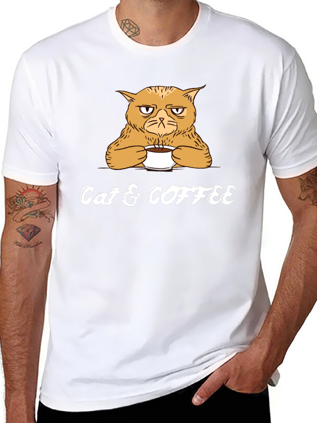 Cat & Coffee Graphic Tee - Mens Black T-Shirt