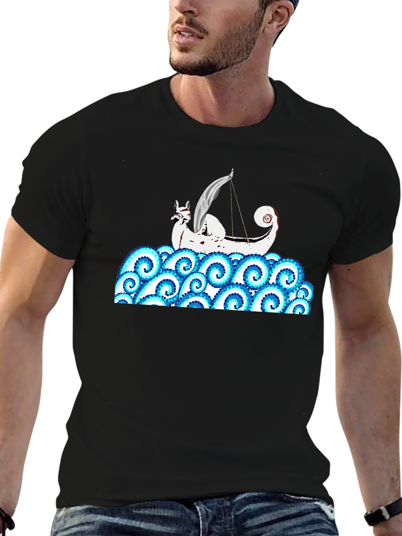 Viking Ship Kraken Wave T-Shirt - Black