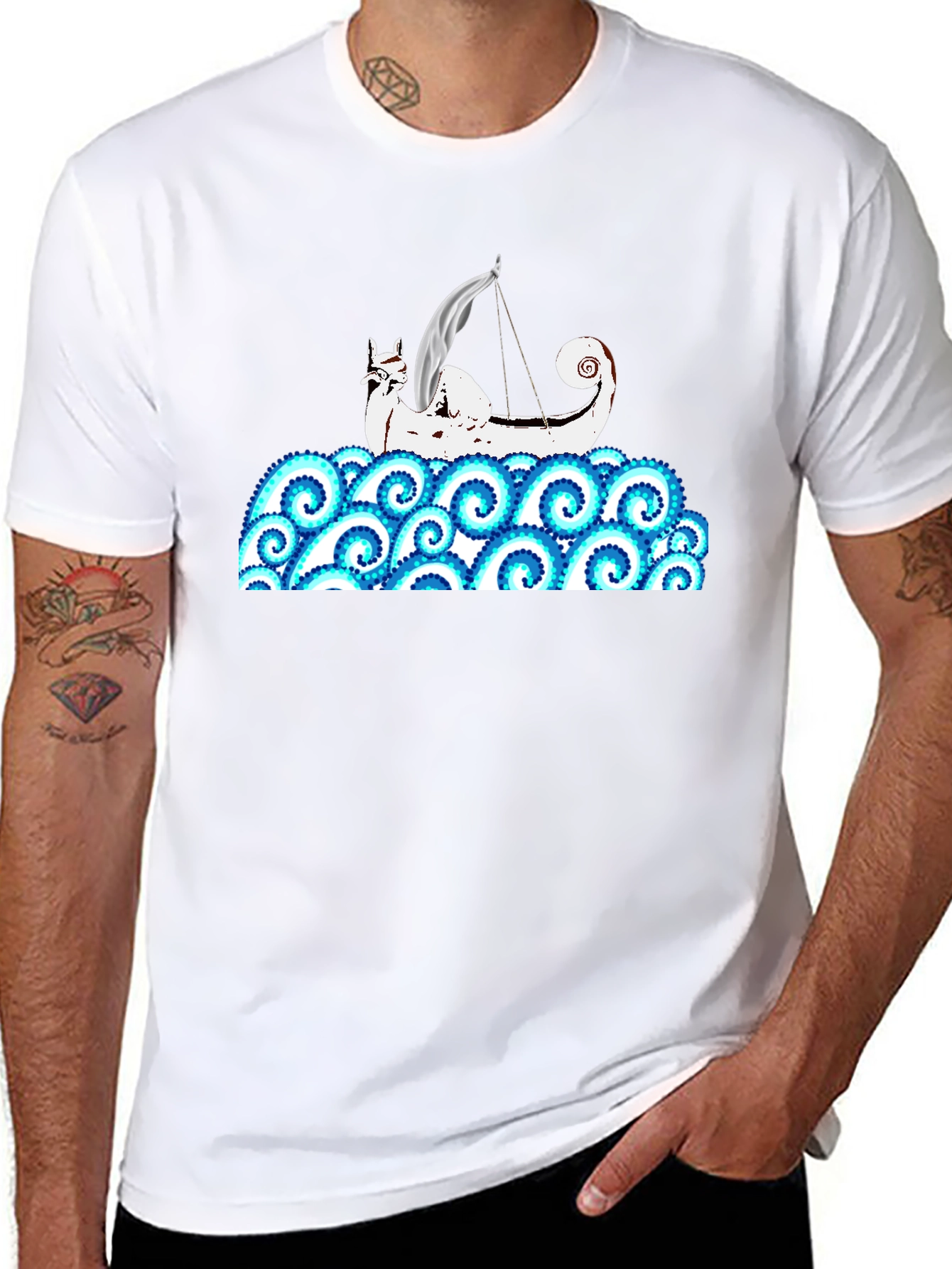 Viking Ship Kraken Wave T-Shirt - Black