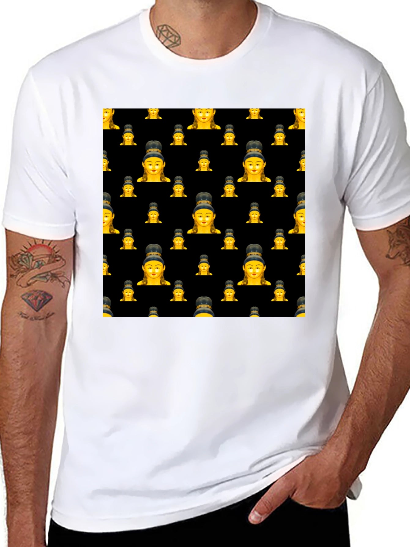Buddha Emoji Pattern Black T-Shirt