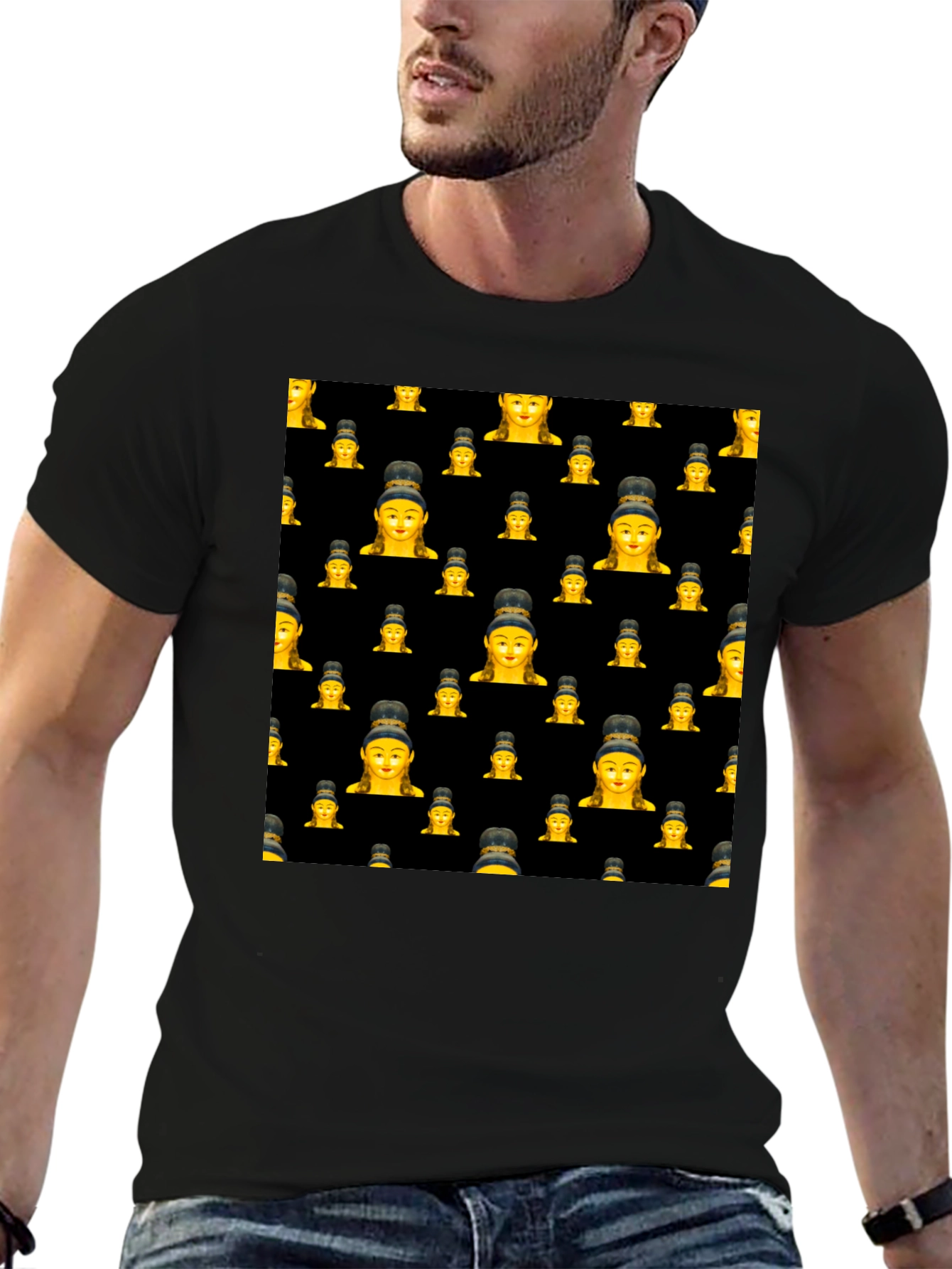 Buddha Emoji Pattern Black T-Shirt