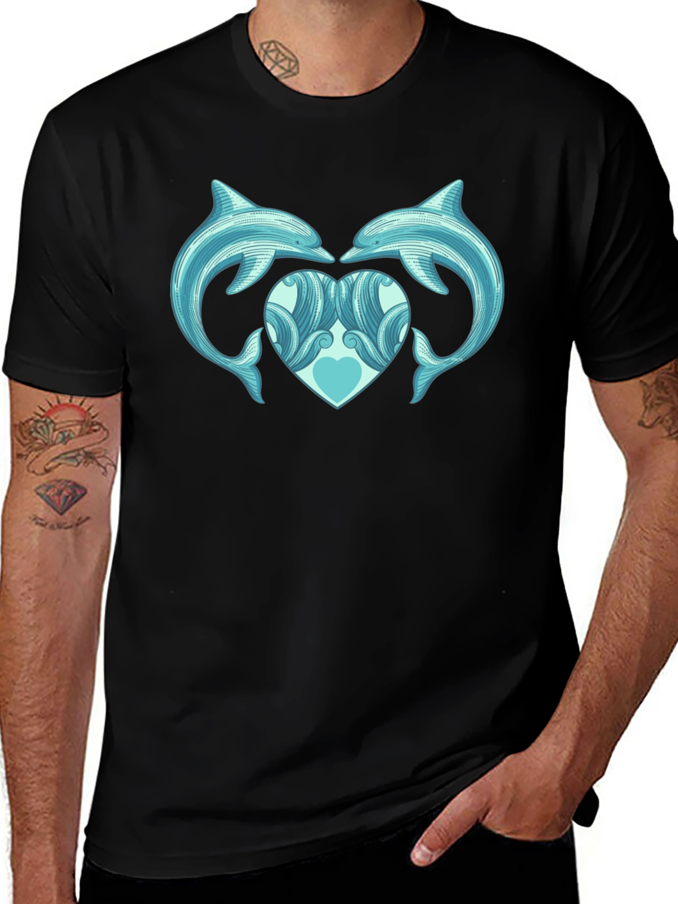 Dolphin Heart Graphic Tee - Black Cotton Casual