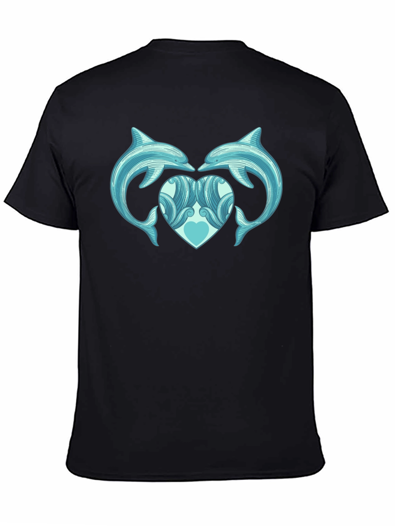 Dolphin Heart Graphic Tee - Black Cotton Casual