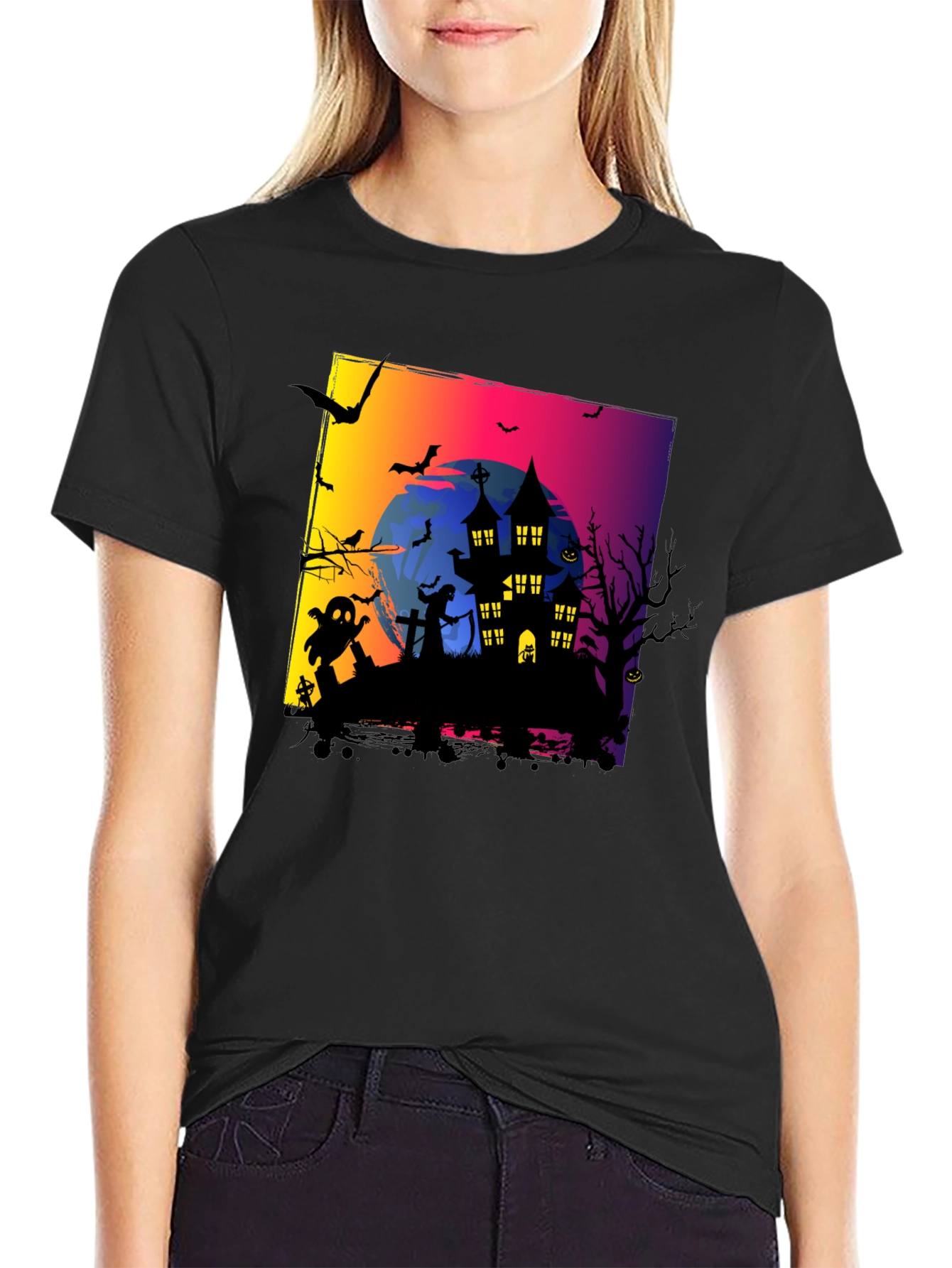 Spooky Halloween Haunted House Graphic Tee