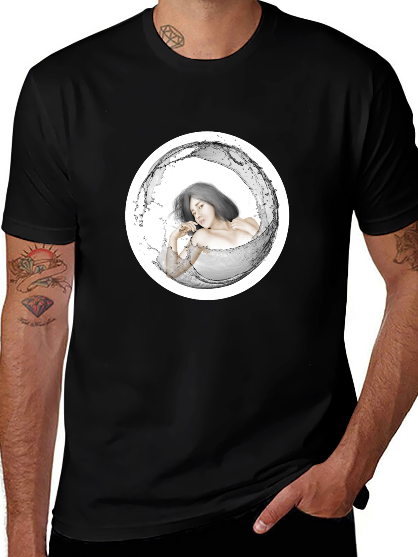 Stylish Black Tee with Artistic Water Woman Design