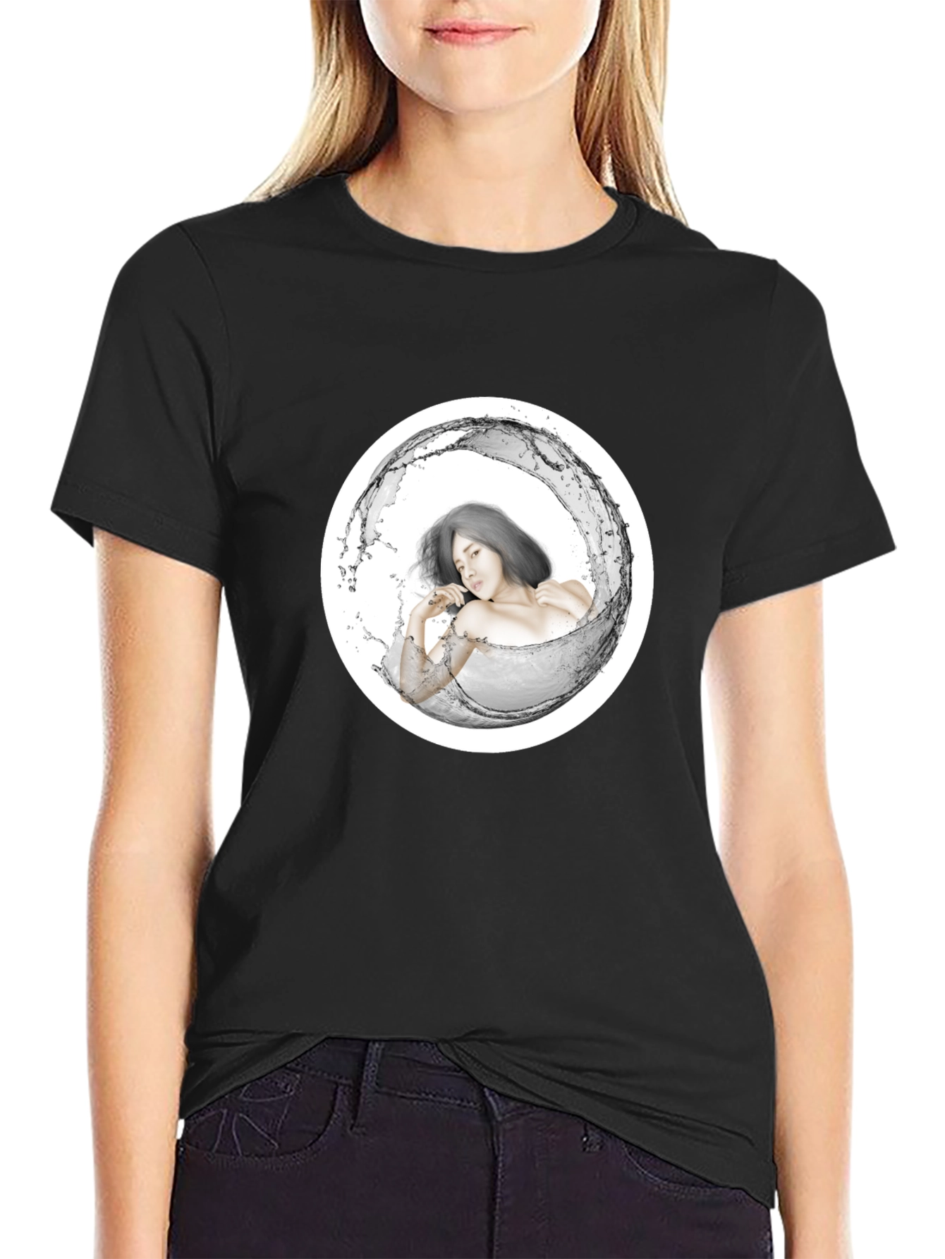 Stylish Black Tee with Artistic Water Woman Design