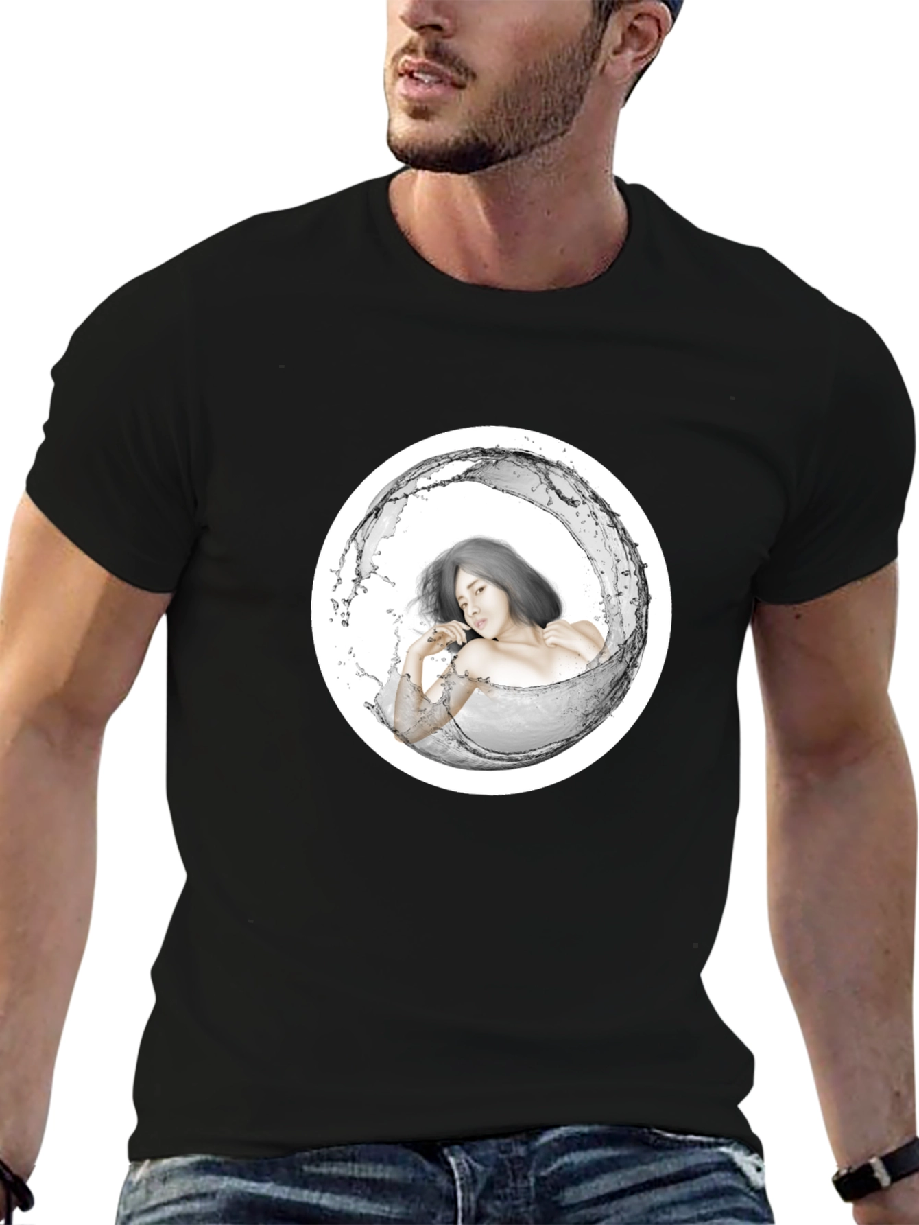 Stylish Black Tee with Artistic Water Woman Design