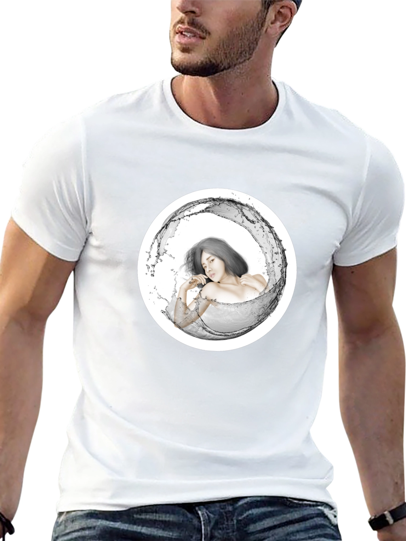 Stylish Black Tee with Artistic Water Woman Design