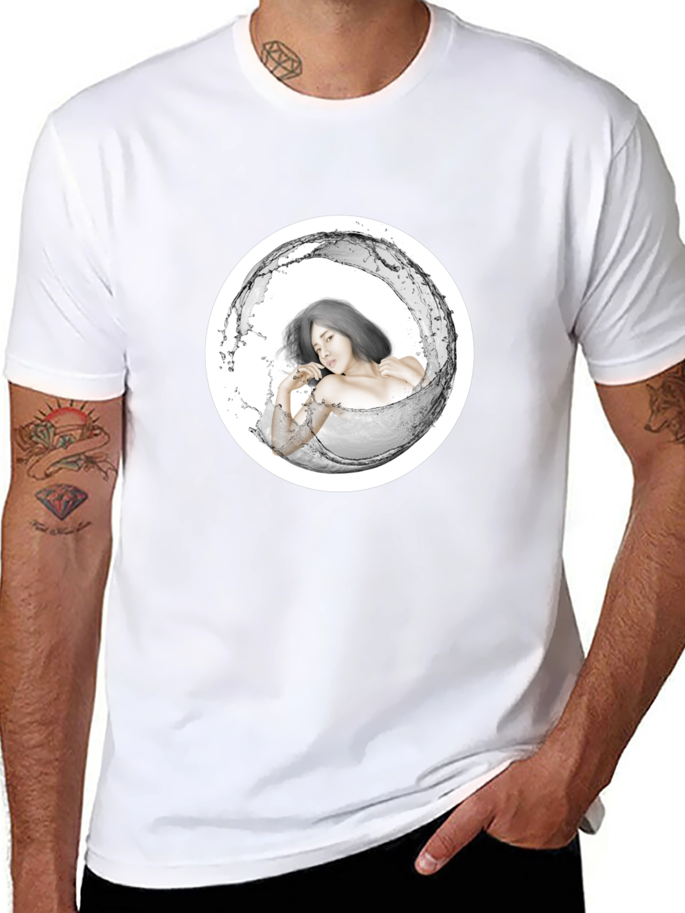 Stylish Black Tee with Artistic Water Woman Design