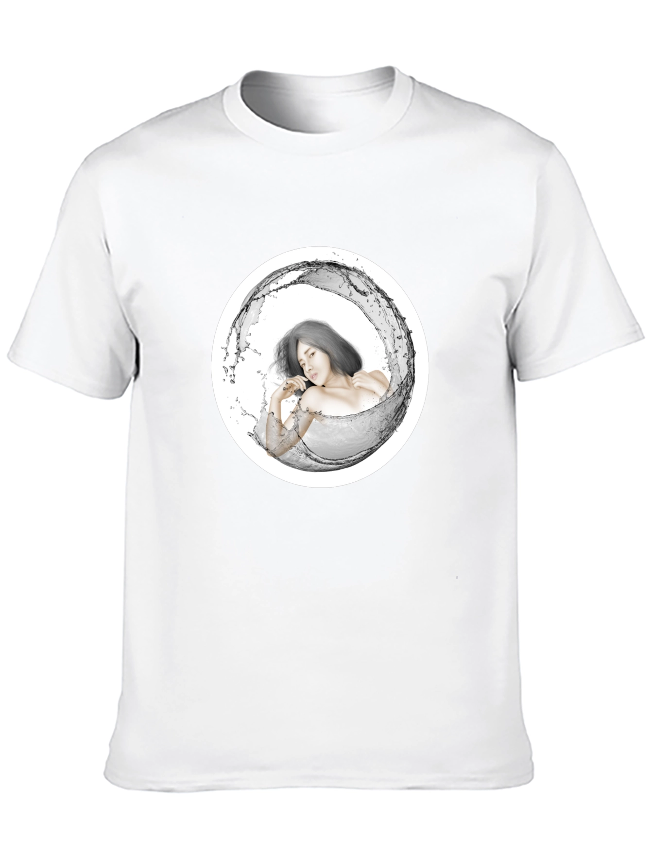 Stylish Black Tee with Artistic Water Woman Design