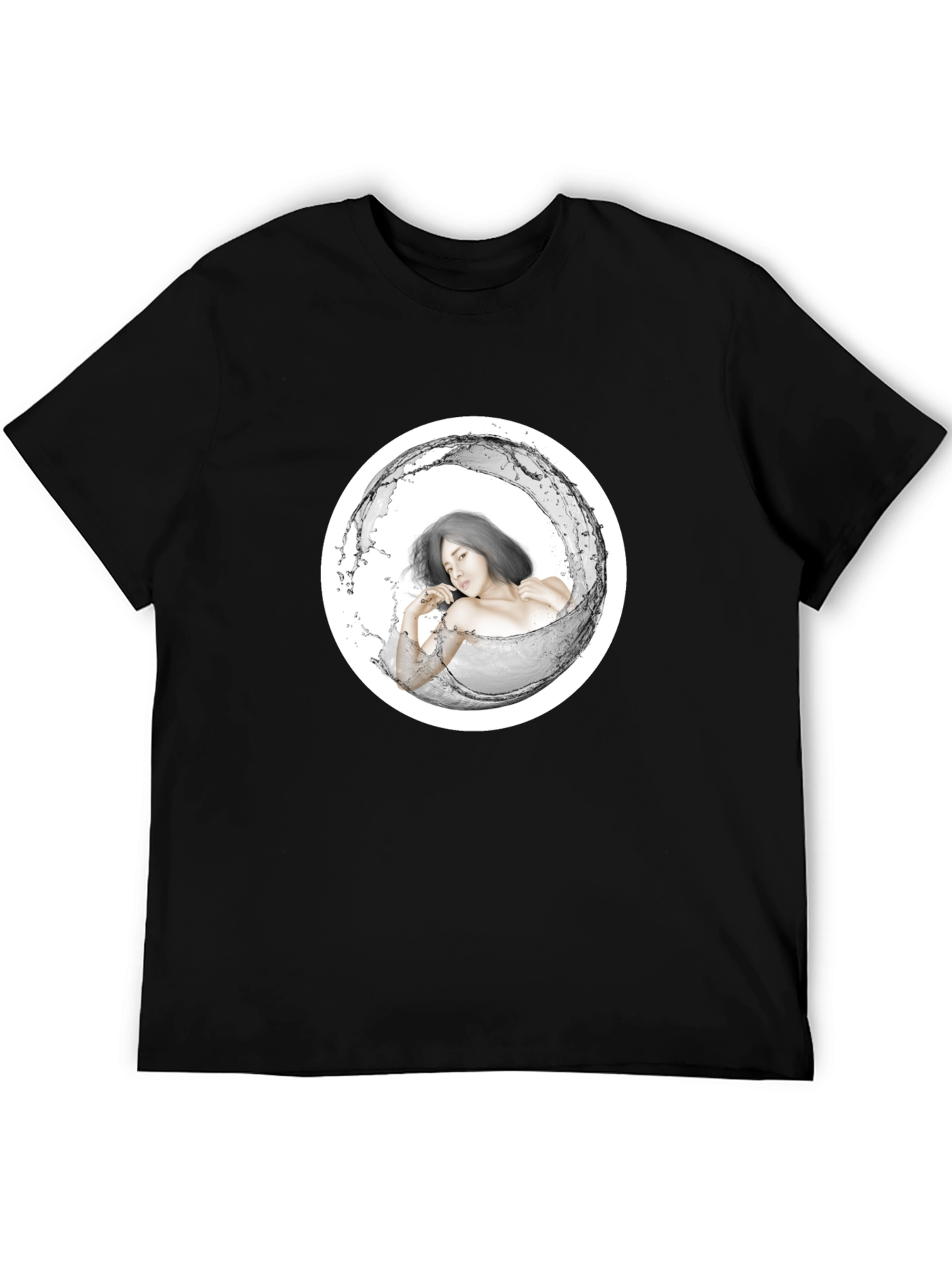 Stylish Black Tee with Artistic Water Woman Design